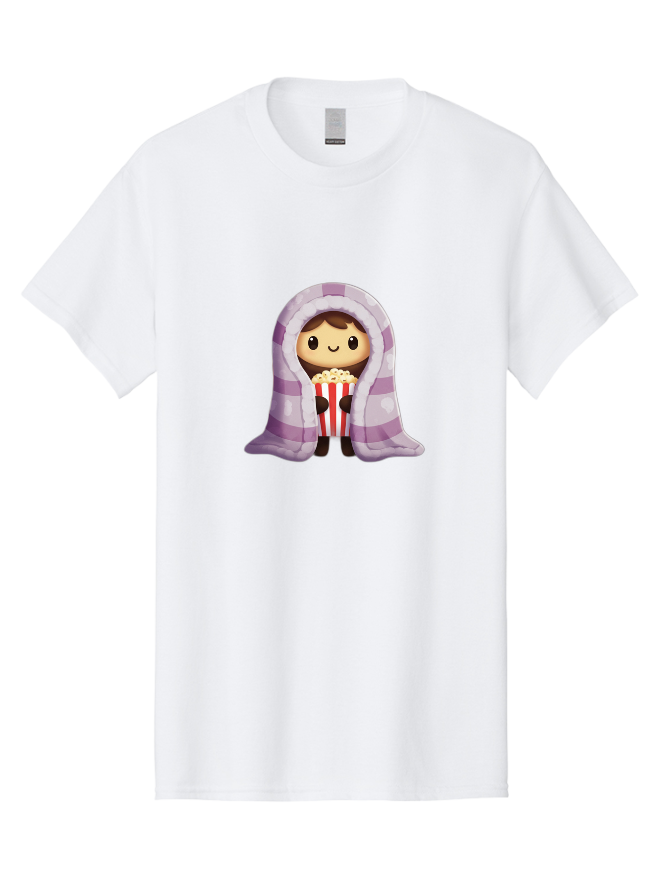 Girl-With-Popcorn Men'S Graphic Tee, 100% Cotton, Comfortable Casual Summer Wear, Machine Washable, Cartoon Girl, Wrapped In Blanket, Holding Popcorn, Cozy Atmosphere, Relaxed Mood, Kawaii Style, Cute Character, Movie Night, Snack Time, Bab960