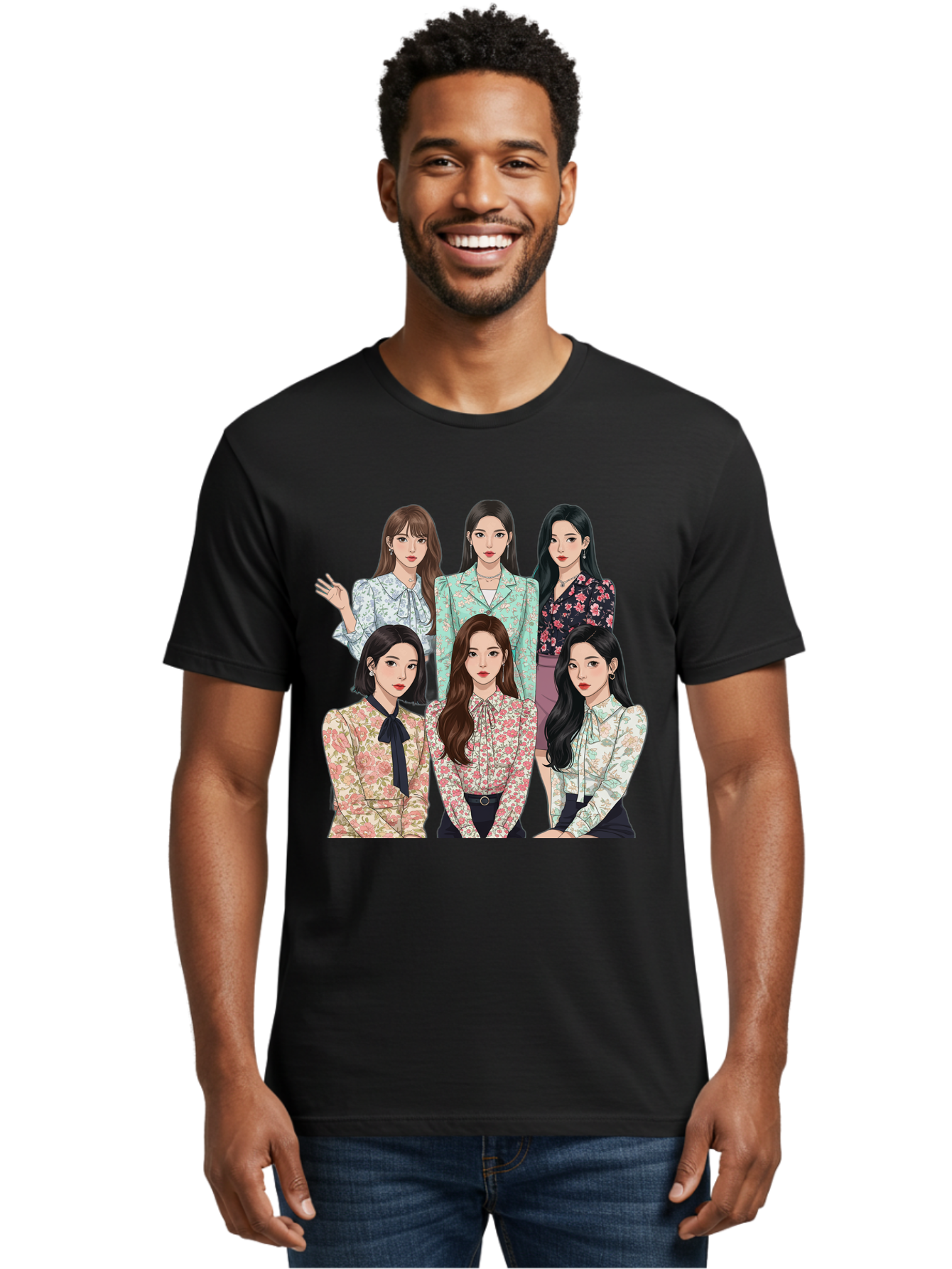 Girls-Generation Men'S Graphic Tee, 100% Cotton, Comfortable Casual Summer Wear, Machine Washable, K-Pop Group Illustration, Six Female Idols, Floral Blouses, Fashionable Outfits, Cartoon-Style Artwork, Long Black Hair, Stylish Poses, Bab961