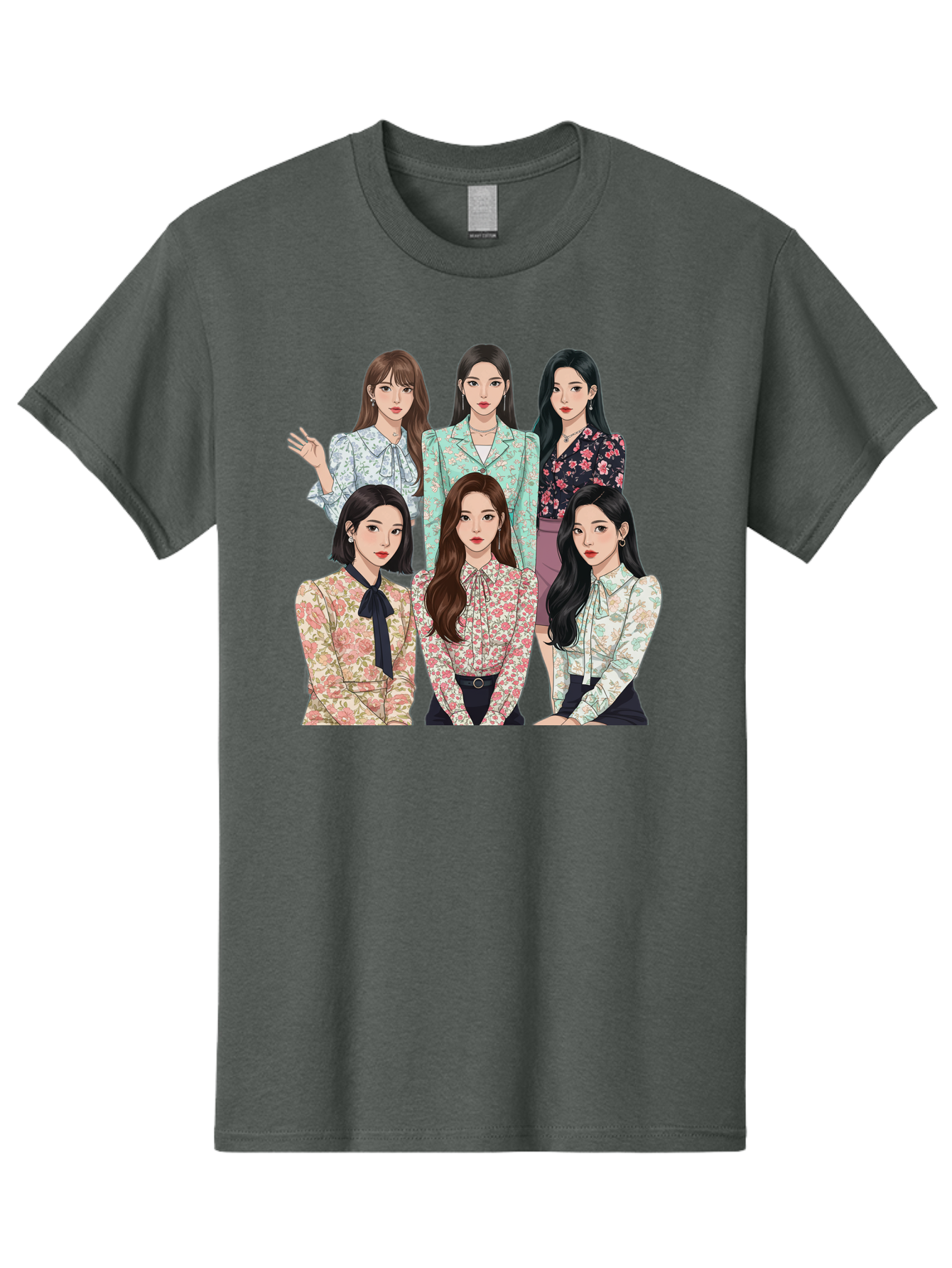 Girls-Generation Men'S Graphic Tee, 100% Cotton, Comfortable Casual Summer Wear, Machine Washable, K-Pop Group Illustration, Six Female Idols, Floral Blouses, Fashionable Outfits, Cartoon-Style Artwork, Long Black Hair, Stylish Poses, Bab961