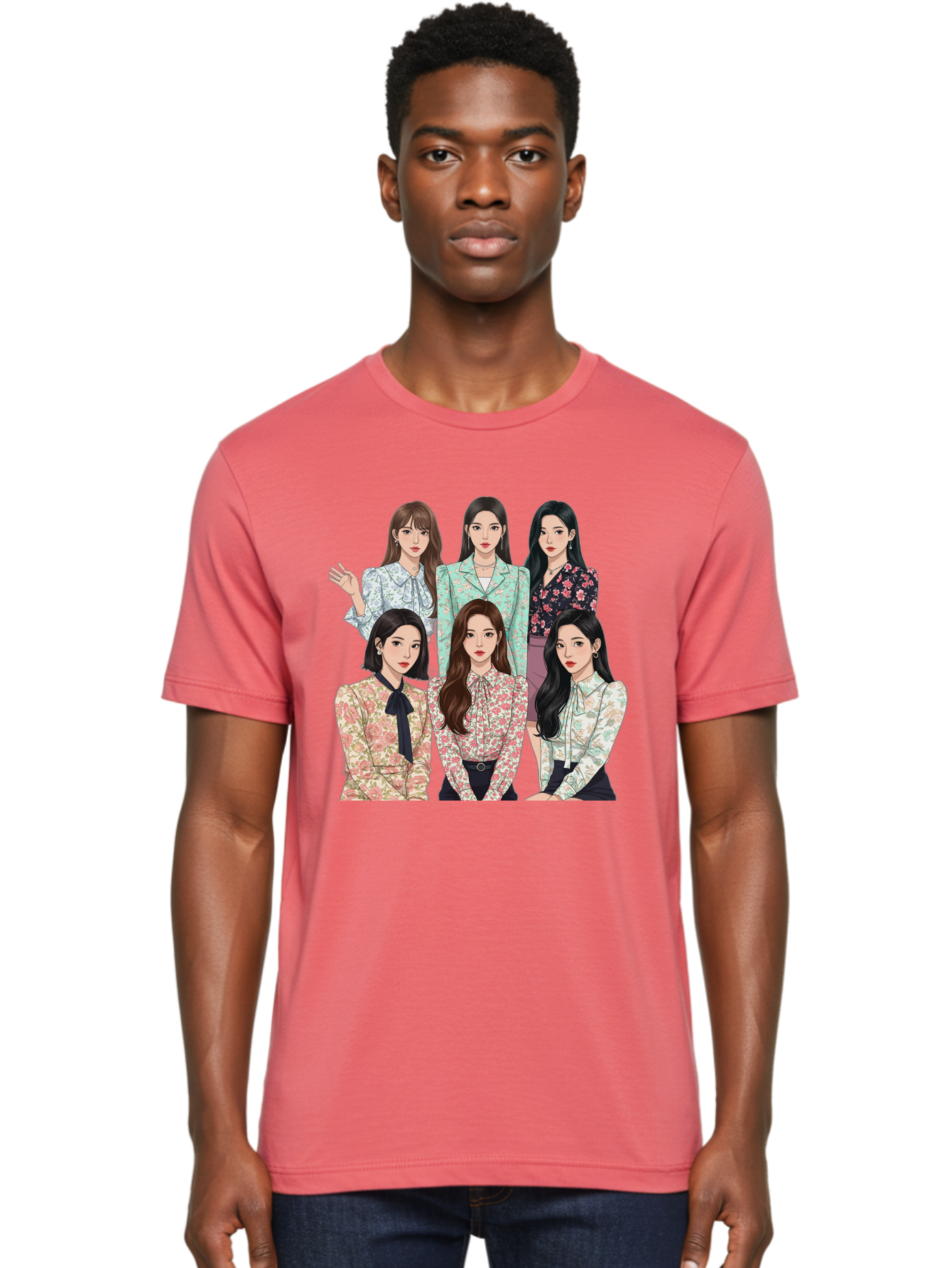 Girls-Generation Men'S Graphic Tee, 100% Cotton, Comfortable Casual Summer Wear, Machine Washable, K-Pop Group Illustration, Six Female Idols, Floral Blouses, Fashionable Outfits, Cartoon-Style Artwork, Long Black Hair, Stylish Poses, Bab961