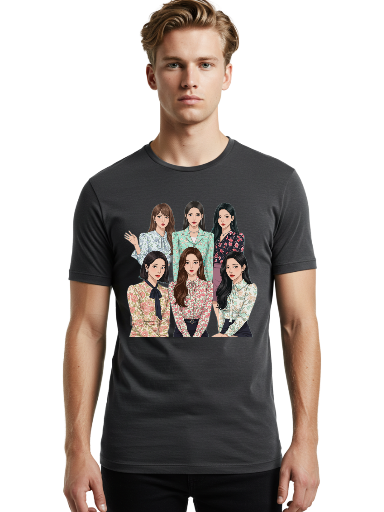 Girls-Generation Men'S Graphic Tee, 100% Cotton, Comfortable Casual Summer Wear, Machine Washable, K-Pop Group Illustration, Six Female Idols, Floral Blouses, Fashionable Outfits, Cartoon-Style Artwork, Long Black Hair, Stylish Poses, Bab961