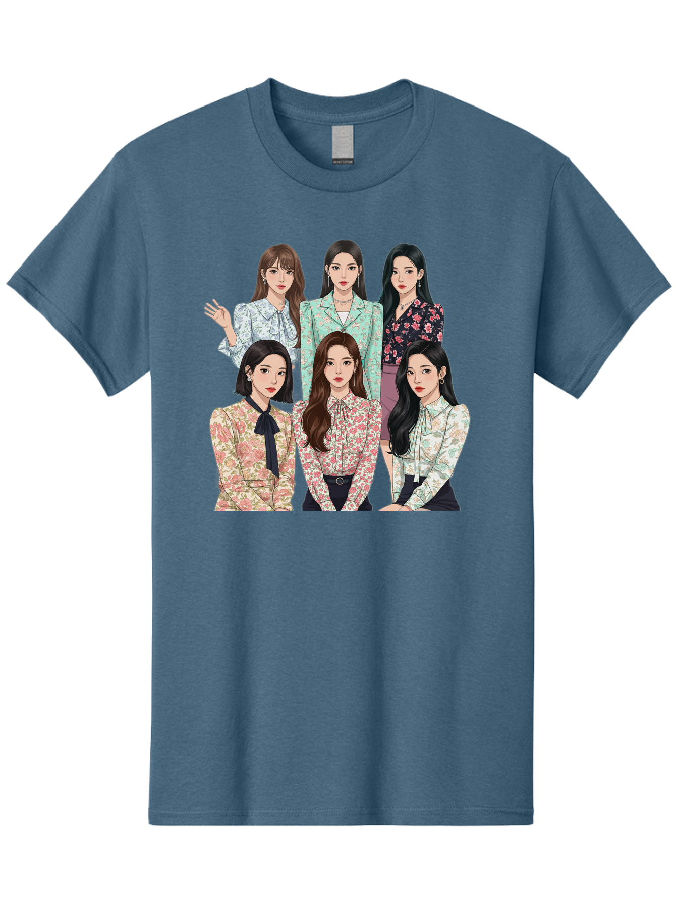 Girls-Generation Men'S Graphic Tee, 100% Cotton, Comfortable Casual Summer Wear, Machine Washable, K-Pop Group Illustration, Six Female Idols, Floral Blouses, Fashionable Outfits, Cartoon-Style Artwork, Long Black Hair, Stylish Poses, Bab961
