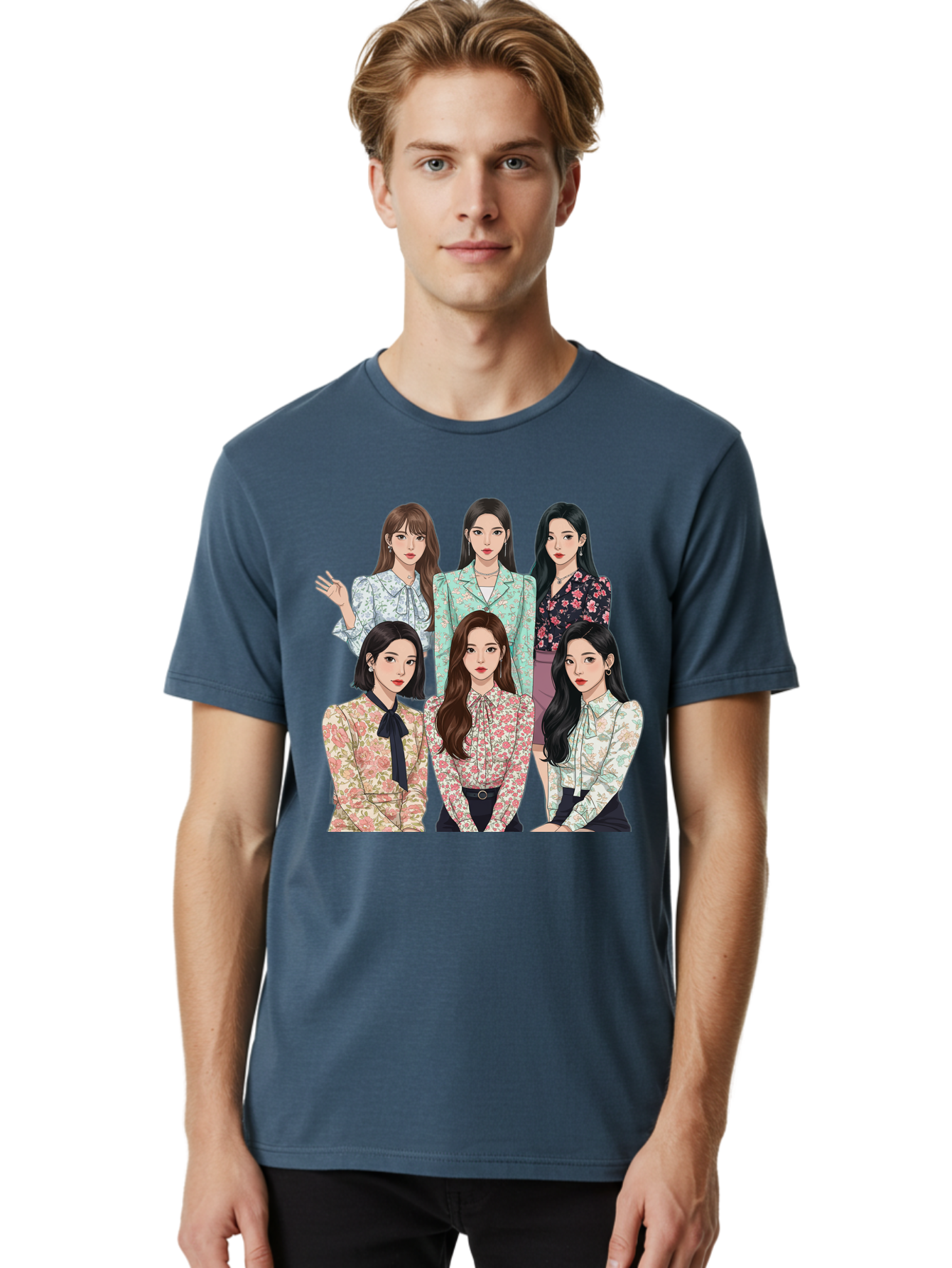 Girls-Generation Men'S Graphic Tee, 100% Cotton, Comfortable Casual Summer Wear, Machine Washable, K-Pop Group Illustration, Six Female Idols, Floral Blouses, Fashionable Outfits, Cartoon-Style Artwork, Long Black Hair, Stylish Poses, Bab961