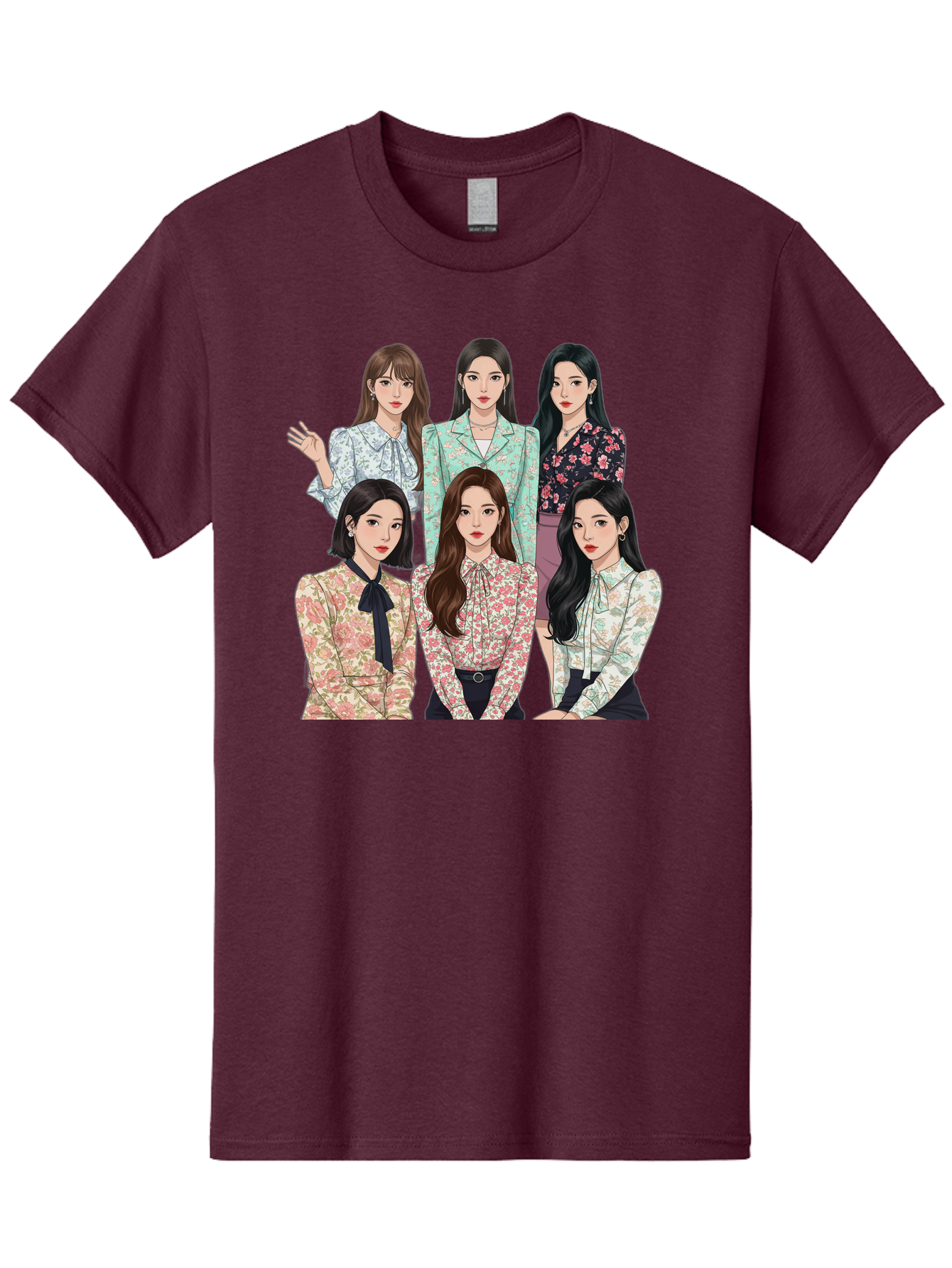 Girls-Generation Men'S Graphic Tee, 100% Cotton, Comfortable Casual Summer Wear, Machine Washable, K-Pop Group Illustration, Six Female Idols, Floral Blouses, Fashionable Outfits, Cartoon-Style Artwork, Long Black Hair, Stylish Poses, Bab961