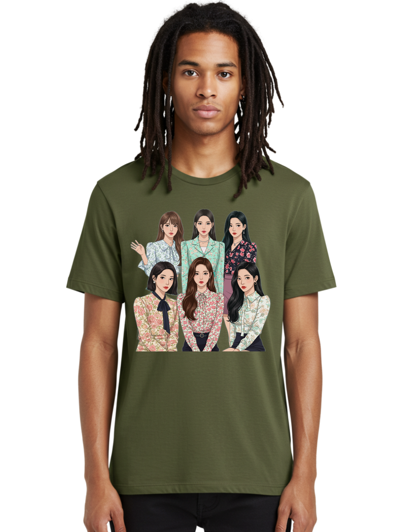 Girls-Generation Men'S Graphic Tee, 100% Cotton, Comfortable Casual Summer Wear, Machine Washable, K-Pop Group Illustration, Six Female Idols, Floral Blouses, Fashionable Outfits, Cartoon-Style Artwork, Long Black Hair, Stylish Poses, Bab961