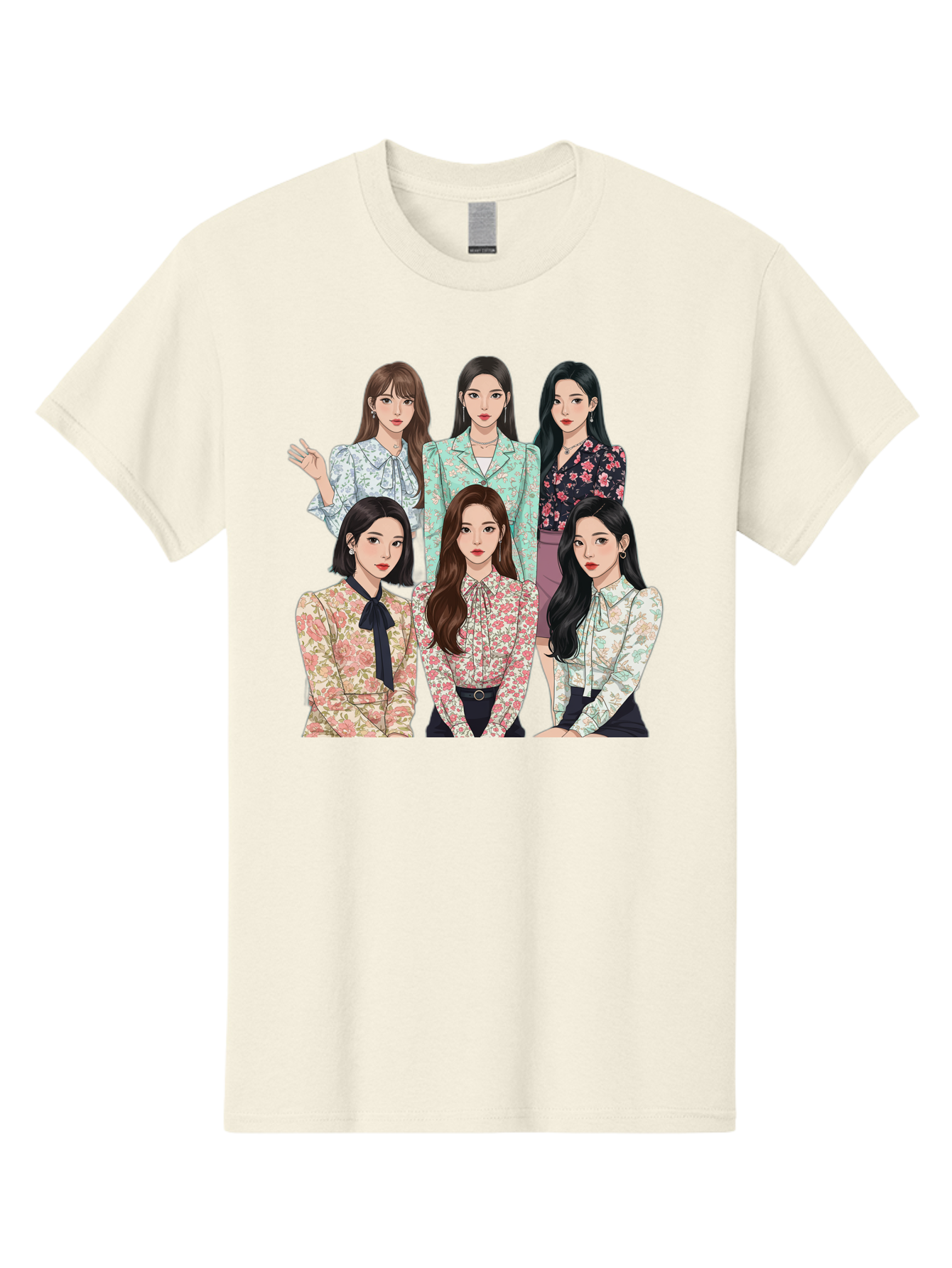 Girls-Generation Men'S Graphic Tee, 100% Cotton, Comfortable Casual Summer Wear, Machine Washable, K-Pop Group Illustration, Six Female Idols, Floral Blouses, Fashionable Outfits, Cartoon-Style Artwork, Long Black Hair, Stylish Poses, Bab961