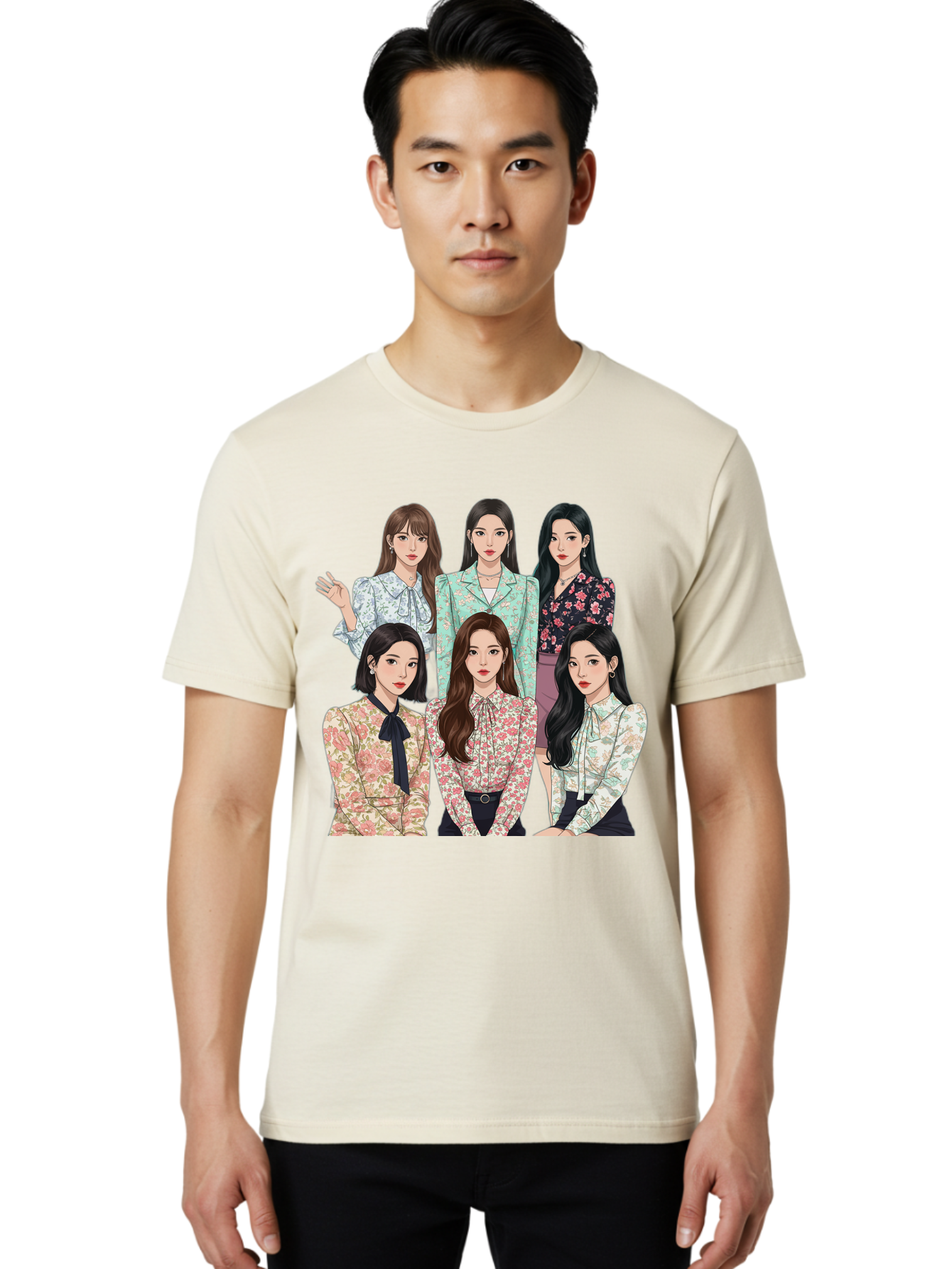 Girls-Generation Men'S Graphic Tee, 100% Cotton, Comfortable Casual Summer Wear, Machine Washable, K-Pop Group Illustration, Six Female Idols, Floral Blouses, Fashionable Outfits, Cartoon-Style Artwork, Long Black Hair, Stylish Poses, Bab961