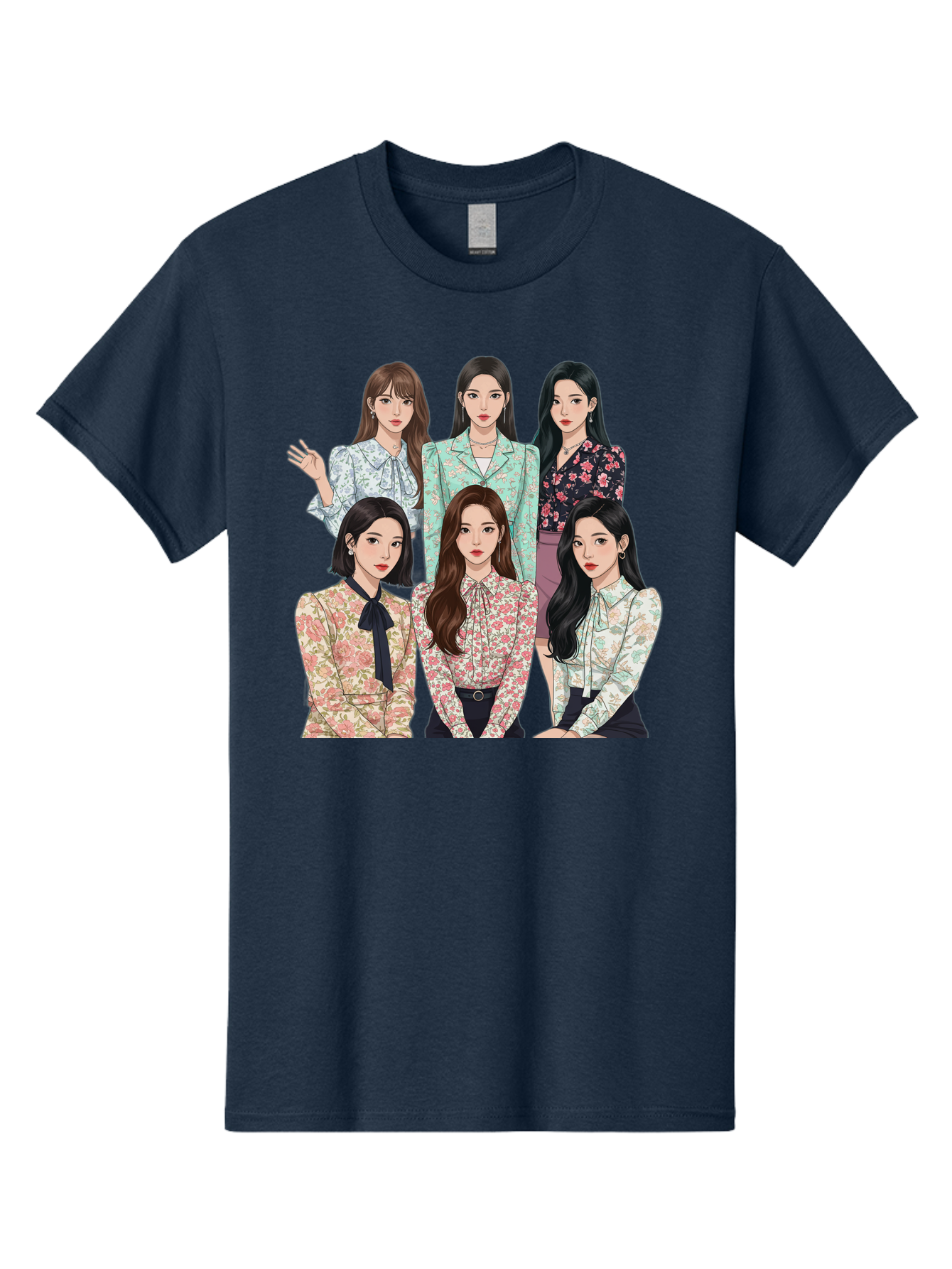 Girls-Generation Men'S Graphic Tee, 100% Cotton, Comfortable Casual Summer Wear, Machine Washable, K-Pop Group Illustration, Six Female Idols, Floral Blouses, Fashionable Outfits, Cartoon-Style Artwork, Long Black Hair, Stylish Poses, Bab961