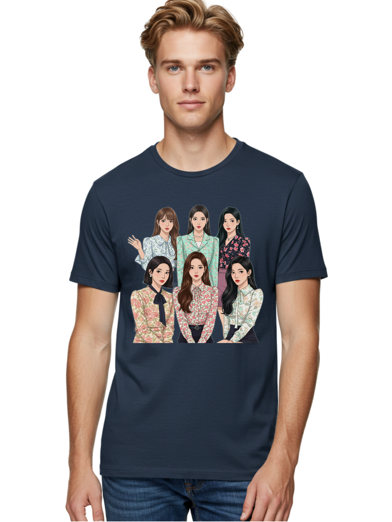 Girls-Generation Men'S Graphic Tee, 100% Cotton, Comfortable Casual Summer Wear, Machine Washable, K-Pop Group Illustration, Six Female Idols, Floral Blouses, Fashionable Outfits, Cartoon-Style Artwork, Long Black Hair, Stylish Poses, Bab961