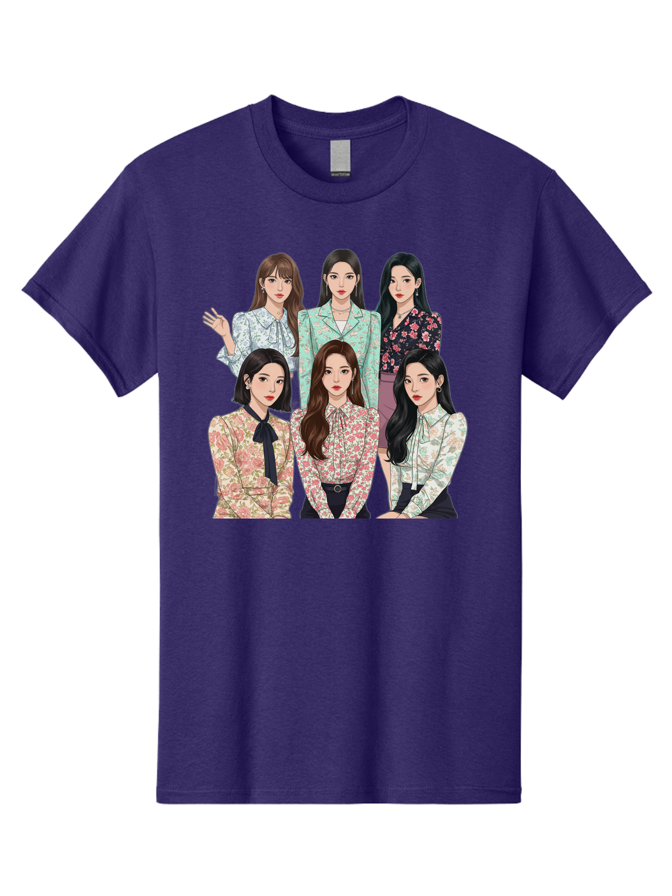 Girls-Generation Men'S Graphic Tee, 100% Cotton, Comfortable Casual Summer Wear, Machine Washable, K-Pop Group Illustration, Six Female Idols, Floral Blouses, Fashionable Outfits, Cartoon-Style Artwork, Long Black Hair, Stylish Poses, Bab961
