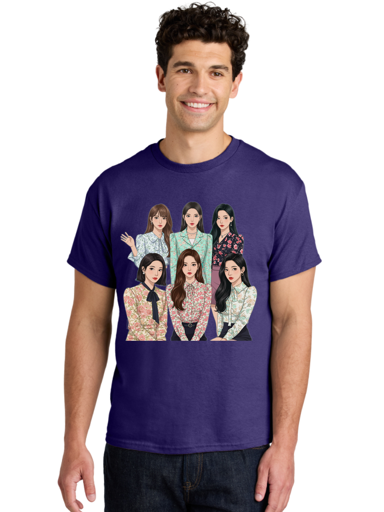 Girls-Generation Men'S Graphic Tee, 100% Cotton, Comfortable Casual Summer Wear, Machine Washable, K-Pop Group Illustration, Six Female Idols, Floral Blouses, Fashionable Outfits, Cartoon-Style Artwork, Long Black Hair, Stylish Poses, Bab961