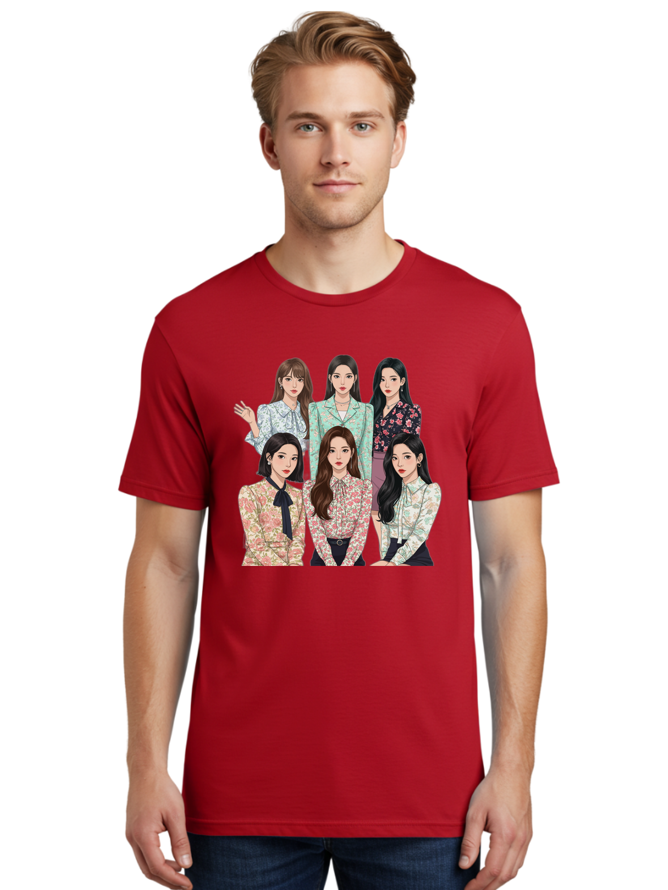 Girls-Generation Men'S Graphic Tee, 100% Cotton, Comfortable Casual Summer Wear, Machine Washable, K-Pop Group Illustration, Six Female Idols, Floral Blouses, Fashionable Outfits, Cartoon-Style Artwork, Long Black Hair, Stylish Poses, Bab961