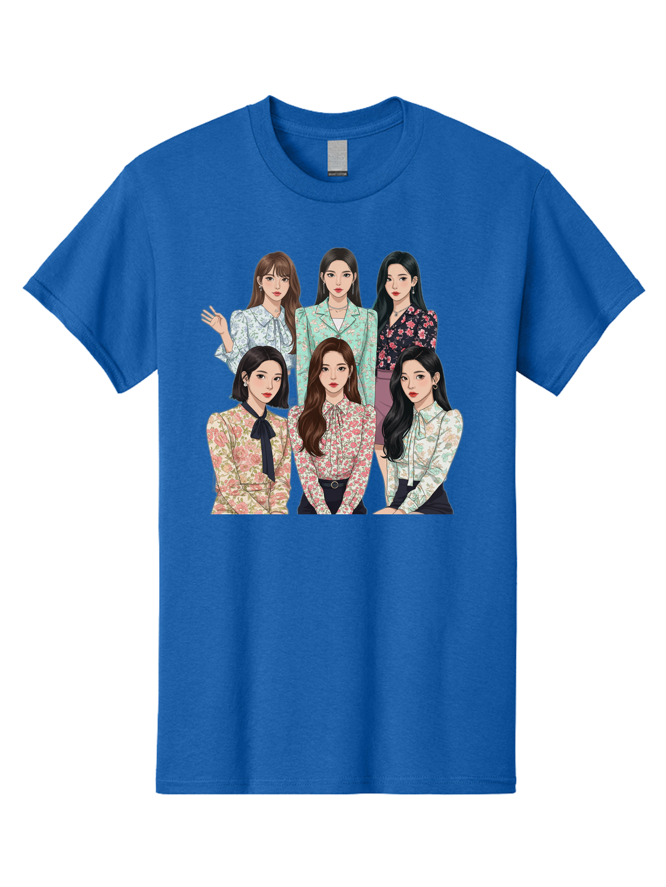 Girls-Generation Men'S Graphic Tee, 100% Cotton, Comfortable Casual Summer Wear, Machine Washable, K-Pop Group Illustration, Six Female Idols, Floral Blouses, Fashionable Outfits, Cartoon-Style Artwork, Long Black Hair, Stylish Poses, Bab961