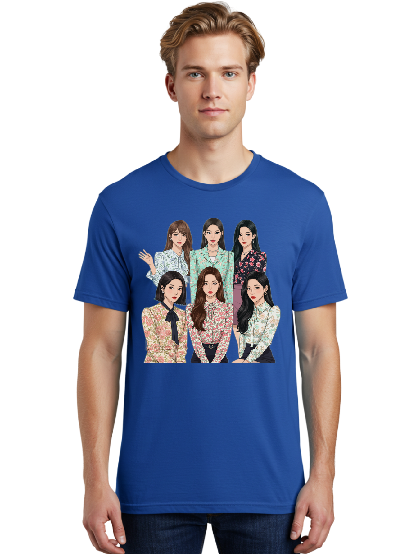 Girls-Generation Men'S Graphic Tee, 100% Cotton, Comfortable Casual Summer Wear, Machine Washable, K-Pop Group Illustration, Six Female Idols, Floral Blouses, Fashionable Outfits, Cartoon-Style Artwork, Long Black Hair, Stylish Poses, Bab961
