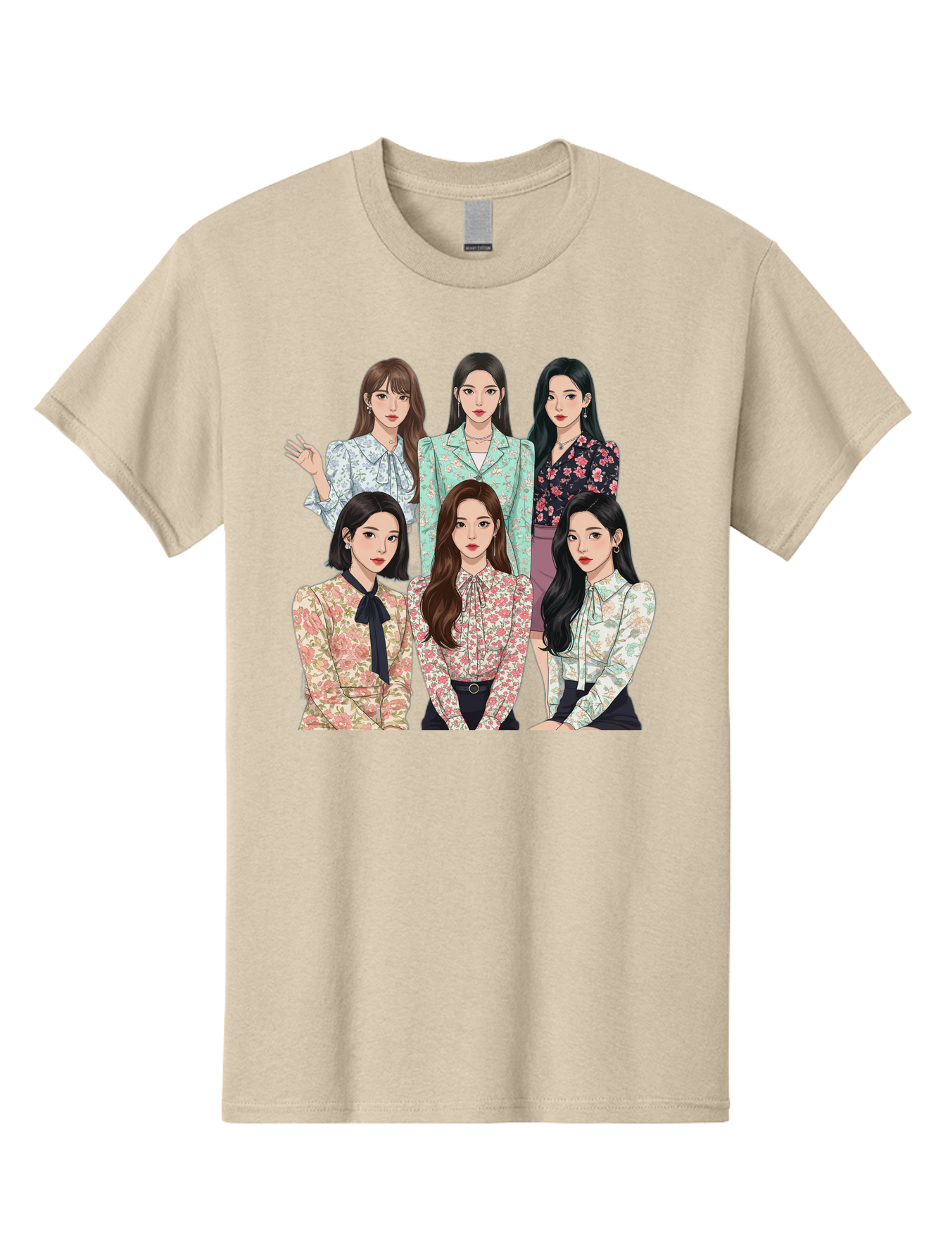 Girls-Generation Men'S Graphic Tee, 100% Cotton, Comfortable Casual Summer Wear, Machine Washable, K-Pop Group Illustration, Six Female Idols, Floral Blouses, Fashionable Outfits, Cartoon-Style Artwork, Long Black Hair, Stylish Poses, Bab961