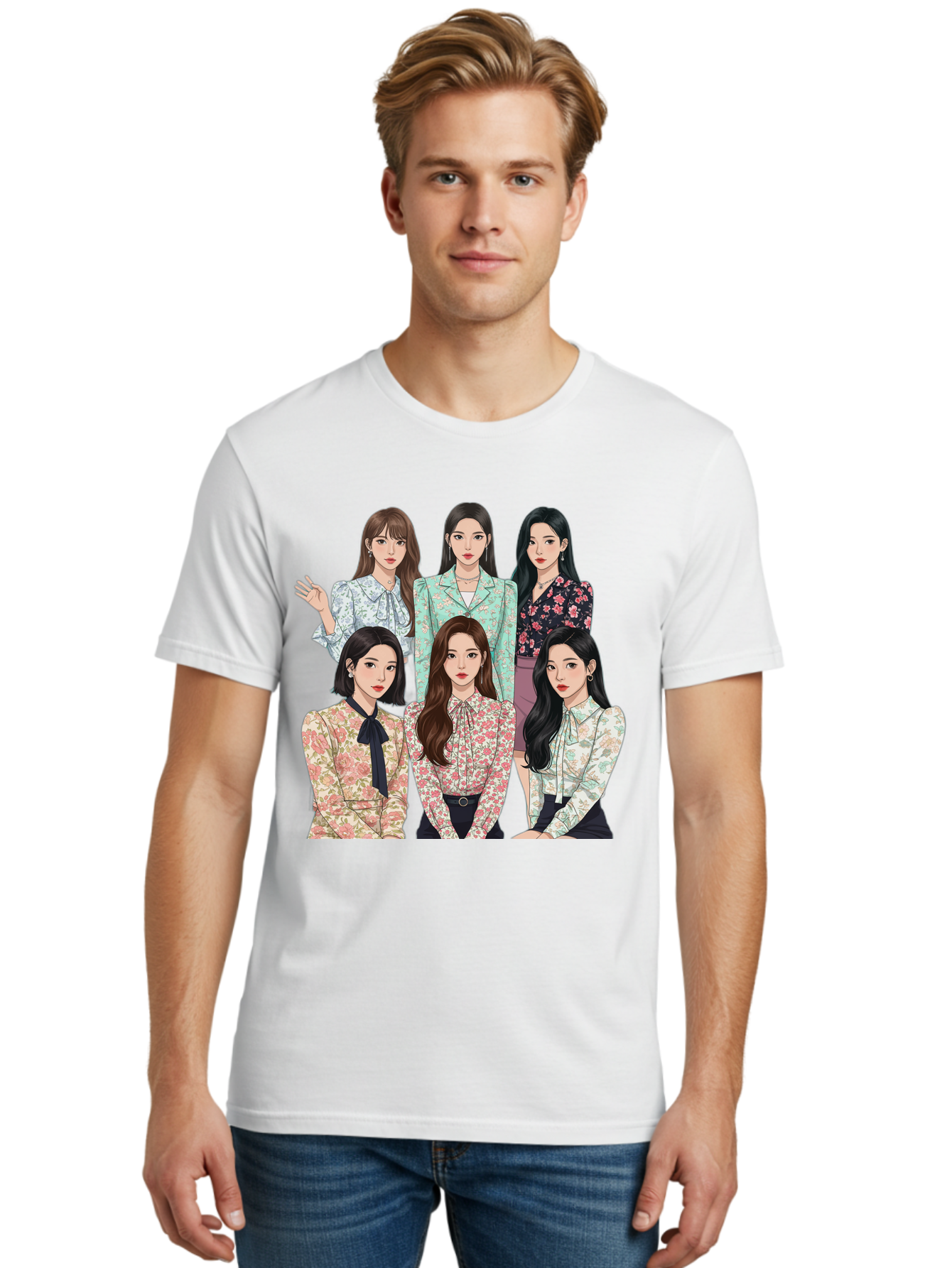 Girls-Generation Men'S Graphic Tee, 100% Cotton, Comfortable Casual Summer Wear, Machine Washable, K-Pop Group Illustration, Six Female Idols, Floral Blouses, Fashionable Outfits, Cartoon-Style Artwork, Long Black Hair, Stylish Poses, Bab961