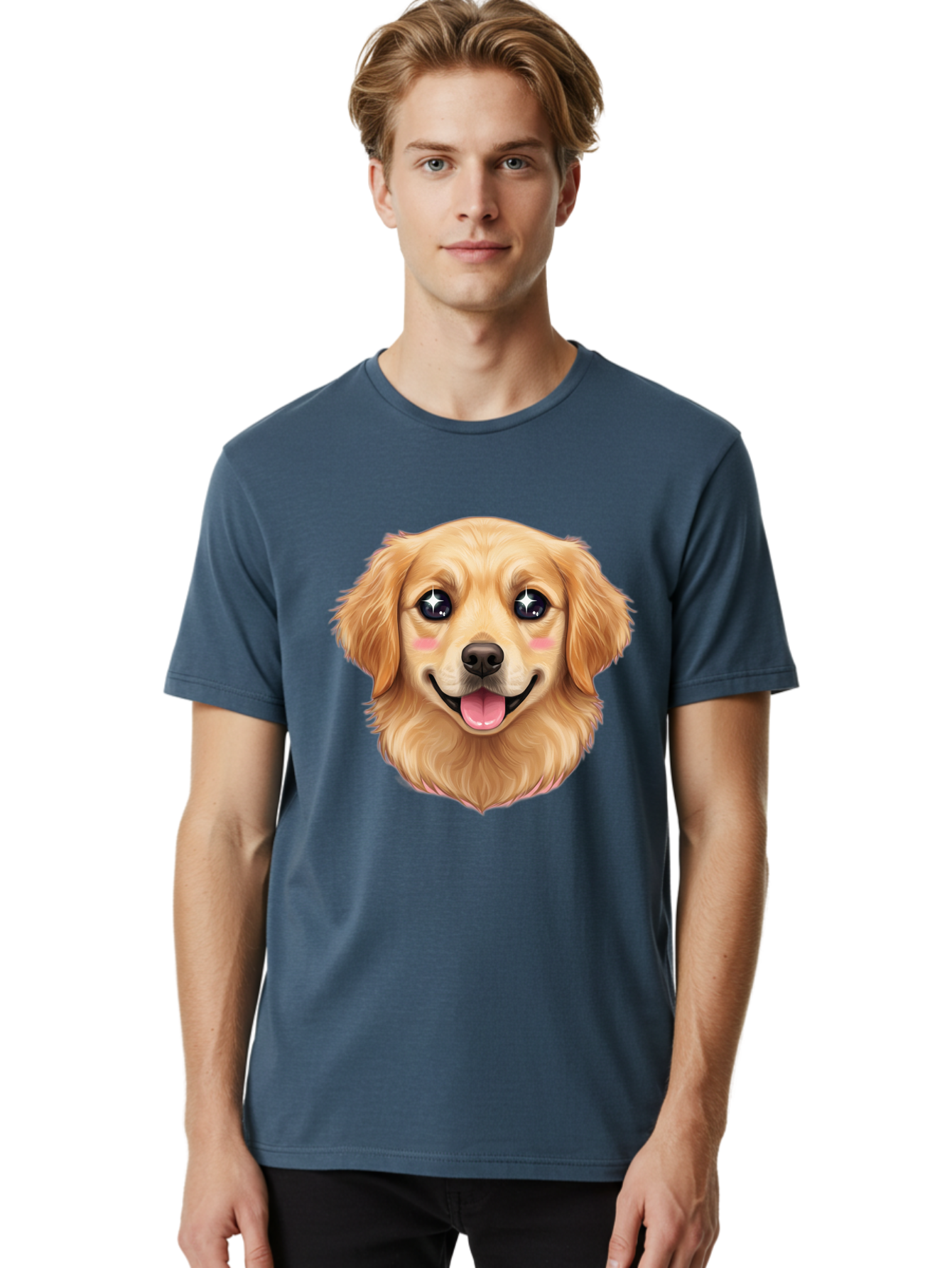 Golden-Dog-Head Men'S Graphic Tee, 100% Cotton, Comfortable Casual Summer Wear, Machine Washable, Cartoon Dog Face, Golden Retriever, Cute Dog, Dog Eyes, Sparkle Eyes, Happy Dog, Dog Smile, Playful Dog, Dog Illustration, Kawaii Dog, Bab964