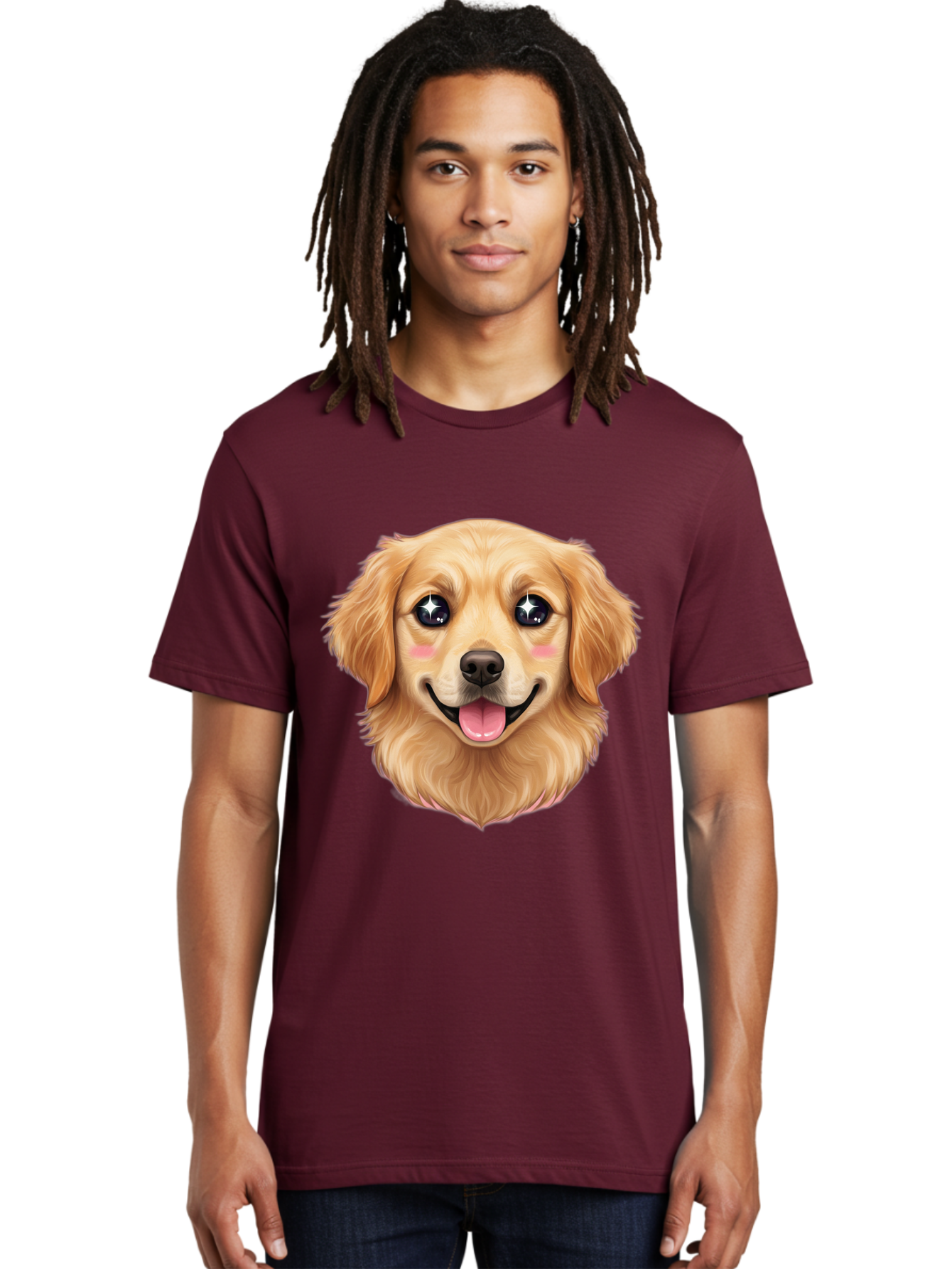 Golden-Dog-Head Men'S Graphic Tee, 100% Cotton, Comfortable Casual Summer Wear, Machine Washable, Cartoon Dog Face, Golden Retriever, Cute Dog, Dog Eyes, Sparkle Eyes, Happy Dog, Dog Smile, Playful Dog, Dog Illustration, Kawaii Dog, Bab964