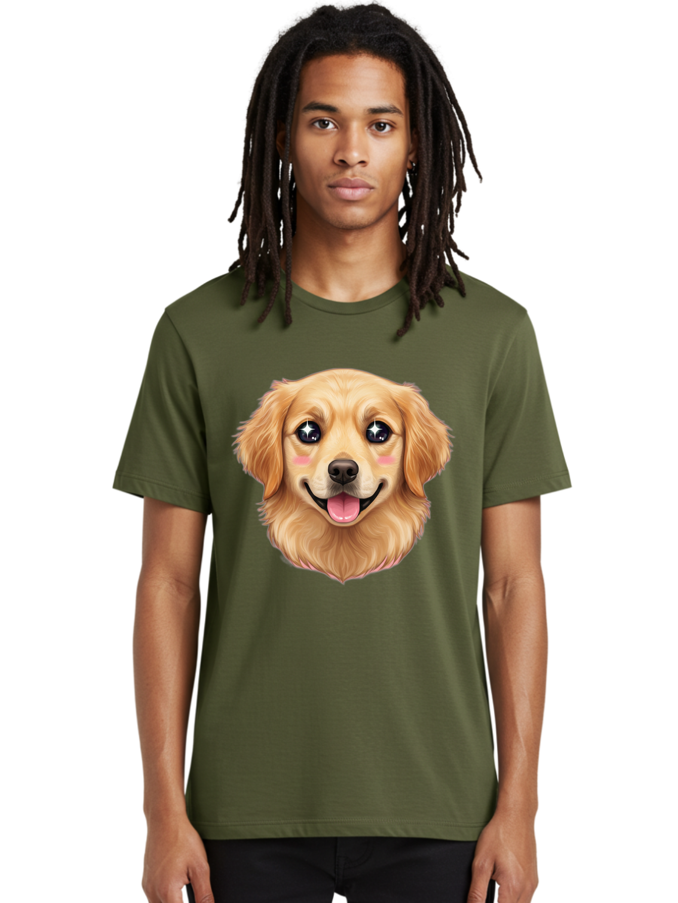 Golden-Dog-Head Men'S Graphic Tee, 100% Cotton, Comfortable Casual Summer Wear, Machine Washable, Cartoon Dog Face, Golden Retriever, Cute Dog, Dog Eyes, Sparkle Eyes, Happy Dog, Dog Smile, Playful Dog, Dog Illustration, Kawaii Dog, Bab964