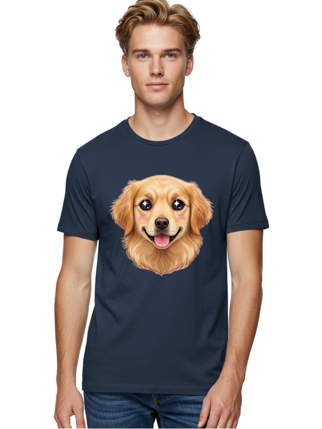 Golden-Dog-Head Men'S Graphic Tee, 100% Cotton, Comfortable Casual Summer Wear, Machine Washable, Cartoon Dog Face, Golden Retriever, Cute Dog, Dog Eyes, Sparkle Eyes, Happy Dog, Dog Smile, Playful Dog, Dog Illustration, Kawaii Dog, Bab964