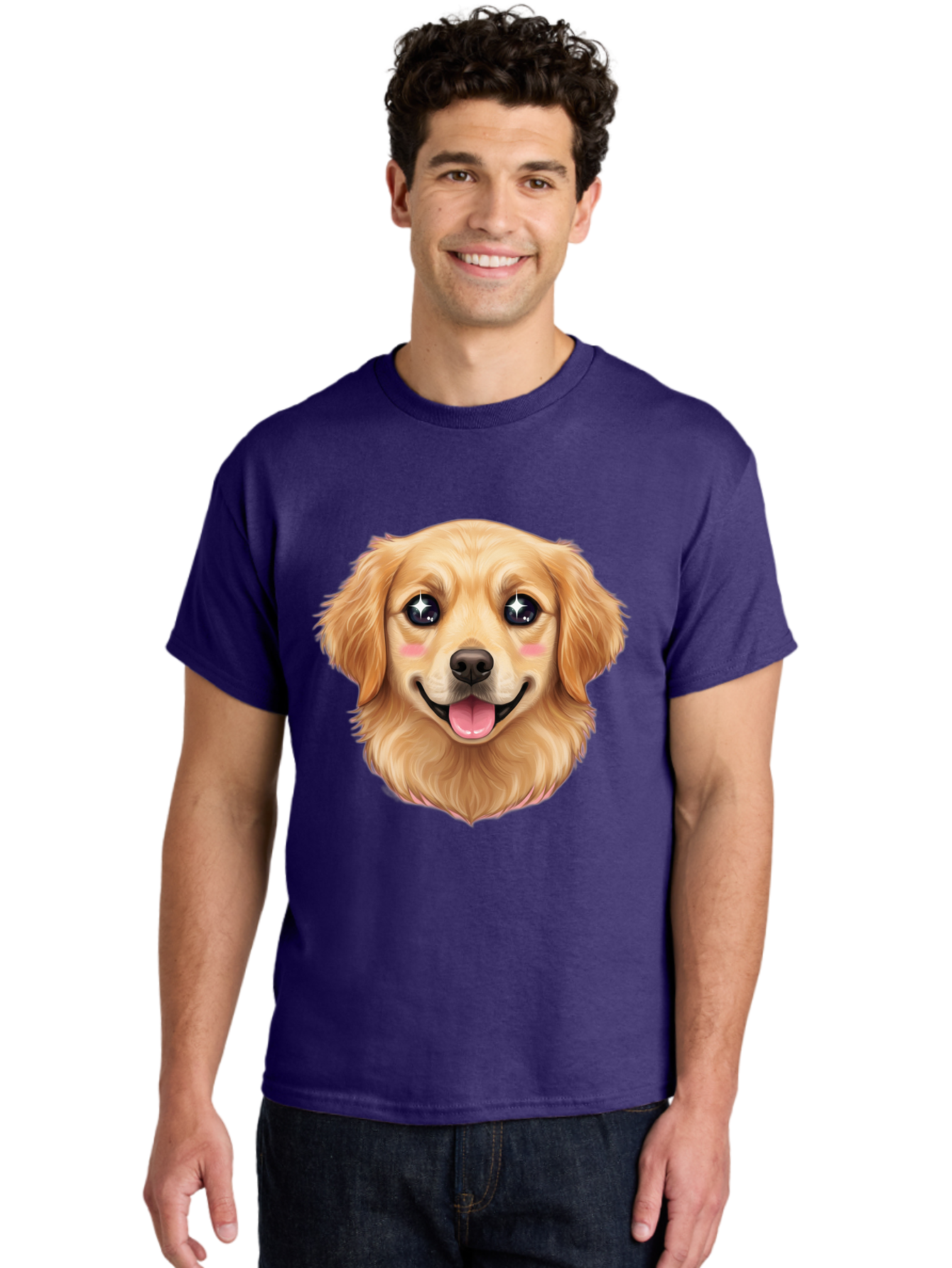 Golden-Dog-Head Men'S Graphic Tee, 100% Cotton, Comfortable Casual Summer Wear, Machine Washable, Cartoon Dog Face, Golden Retriever, Cute Dog, Dog Eyes, Sparkle Eyes, Happy Dog, Dog Smile, Playful Dog, Dog Illustration, Kawaii Dog, Bab964