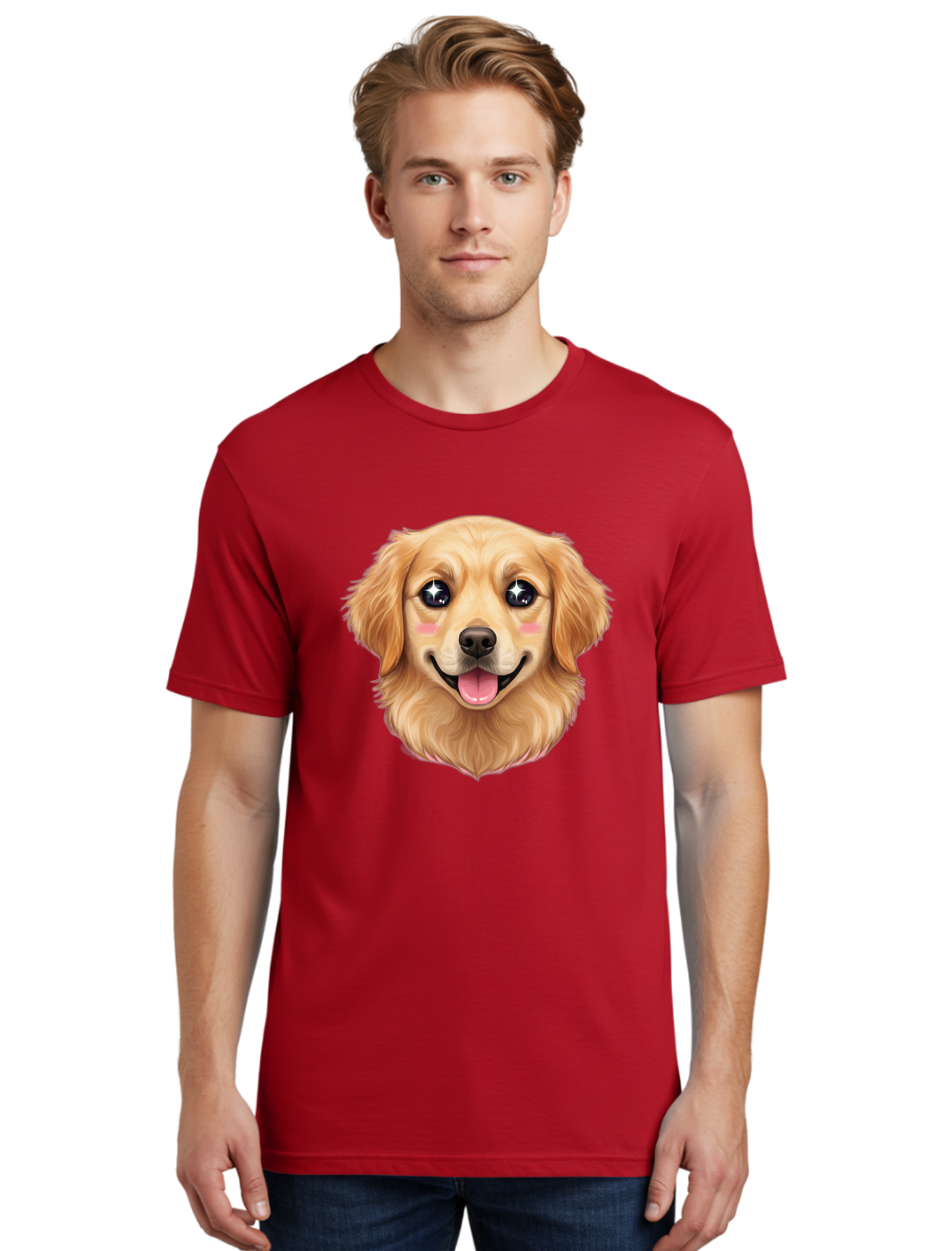 Golden-Dog-Head Men'S Graphic Tee, 100% Cotton, Comfortable Casual Summer Wear, Machine Washable, Cartoon Dog Face, Golden Retriever, Cute Dog, Dog Eyes, Sparkle Eyes, Happy Dog, Dog Smile, Playful Dog, Dog Illustration, Kawaii Dog, Bab964