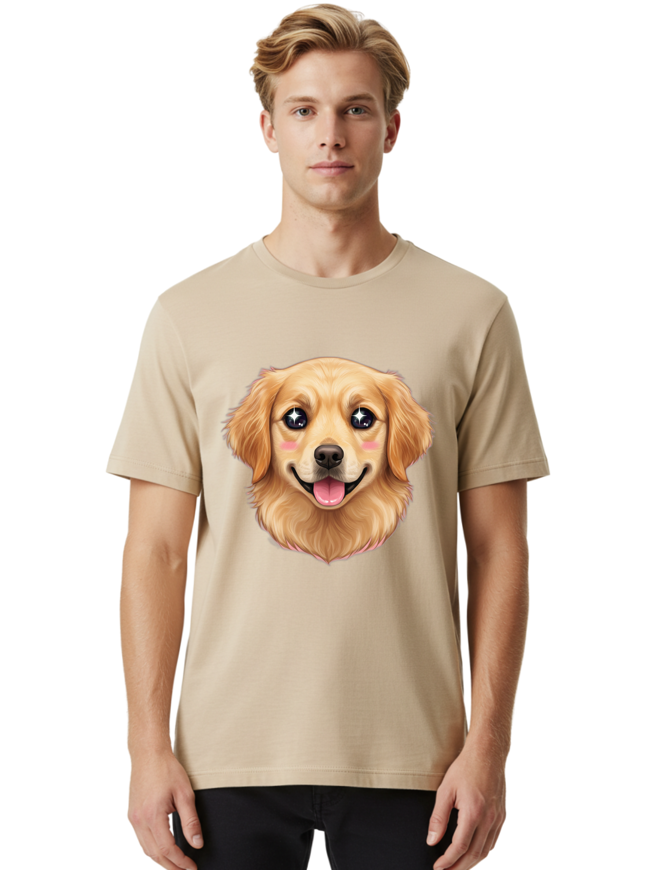 Golden-Dog-Head Men'S Graphic Tee, 100% Cotton, Comfortable Casual Summer Wear, Machine Washable, Cartoon Dog Face, Golden Retriever, Cute Dog, Dog Eyes, Sparkle Eyes, Happy Dog, Dog Smile, Playful Dog, Dog Illustration, Kawaii Dog, Bab964