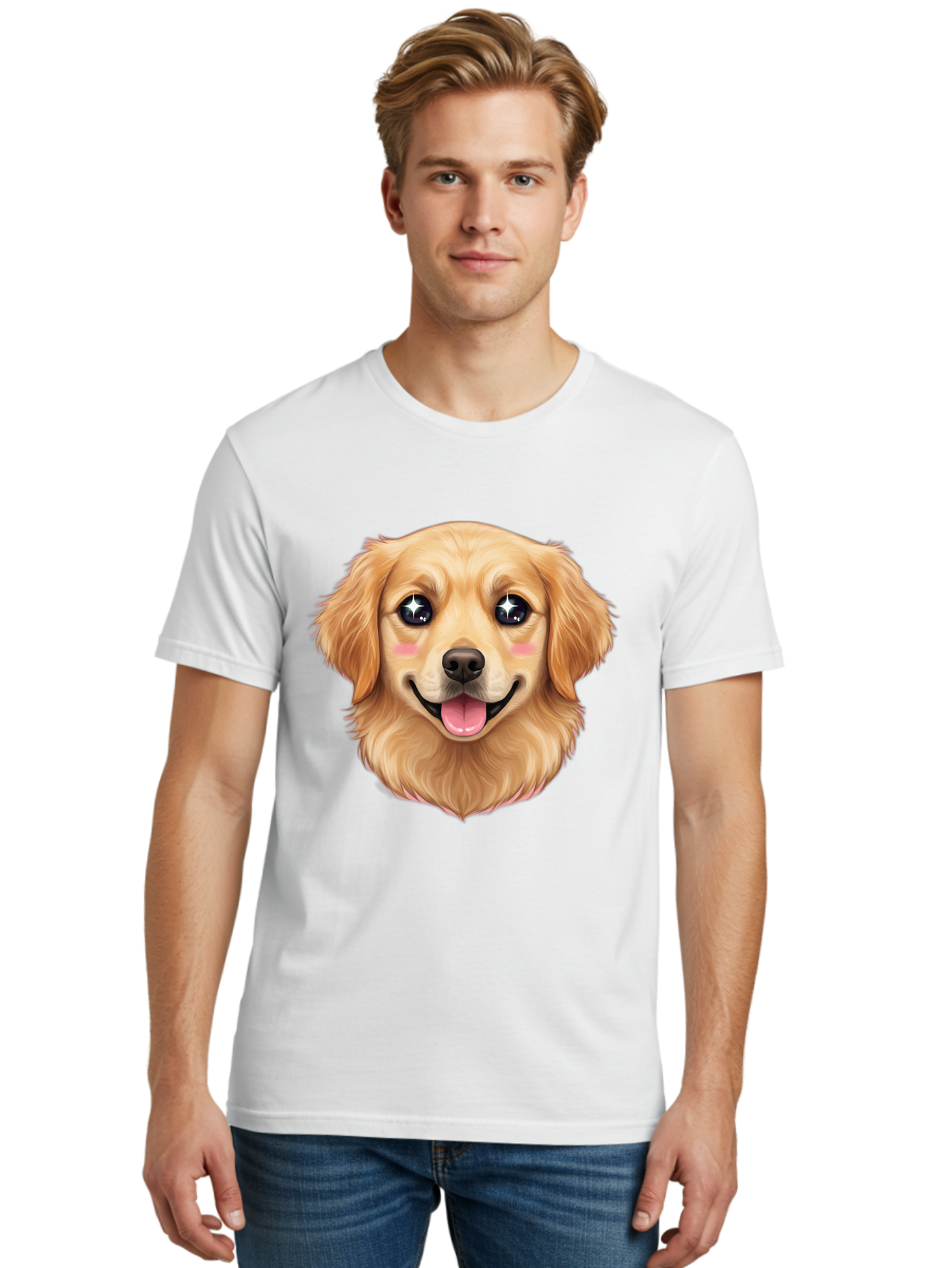 Golden-Dog-Head Men'S Graphic Tee, 100% Cotton, Comfortable Casual Summer Wear, Machine Washable, Cartoon Dog Face, Golden Retriever, Cute Dog, Dog Eyes, Sparkle Eyes, Happy Dog, Dog Smile, Playful Dog, Dog Illustration, Kawaii Dog, Bab964