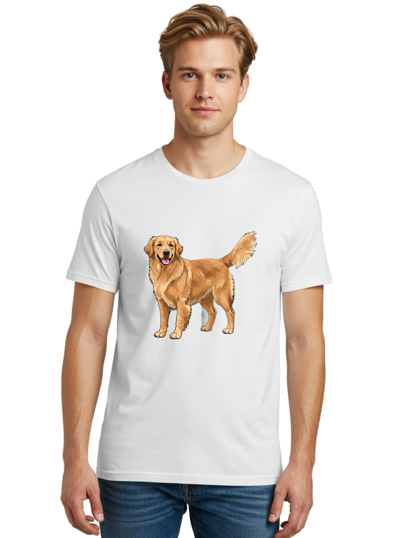 Golden-Retriever-10 Men'S Graphic Tee, 100% Cotton, Comfortable Casual Summer Wear, Machine Washable, Golden Retriever Dog, Golden Fur, Friendly Expression, Wagging Tail, Standing Pose, Canine Companion, Dog Illustration, Fluffy Coat, Bab967