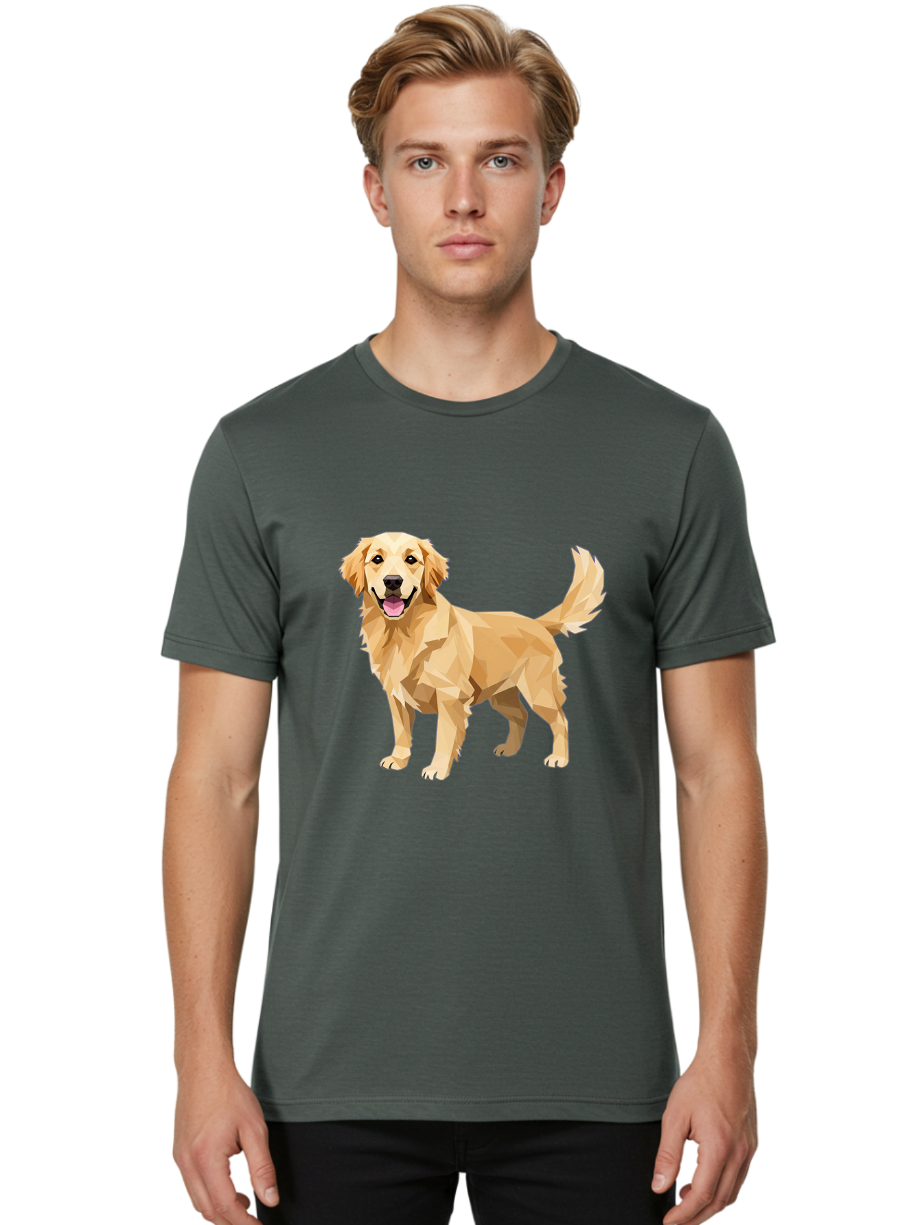 Golden-Retriever-12 Men'S Graphic Tee, 100% Cotton, Comfortable Casual Summer Wear, Machine Washable, Golden Retriever Dog, Happy Canine, Low Poly Art, Dog Illustration, Friendly Dog, Dog Graphics, Pet Illustration, Cute Dog Bab969