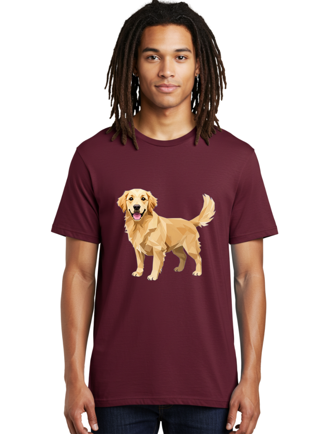 Golden-Retriever-12 Men'S Graphic Tee, 100% Cotton, Comfortable Casual Summer Wear, Machine Washable, Golden Retriever Dog, Happy Canine, Low Poly Art, Dog Illustration, Friendly Dog, Dog Graphics, Pet Illustration, Cute Dog Bab969