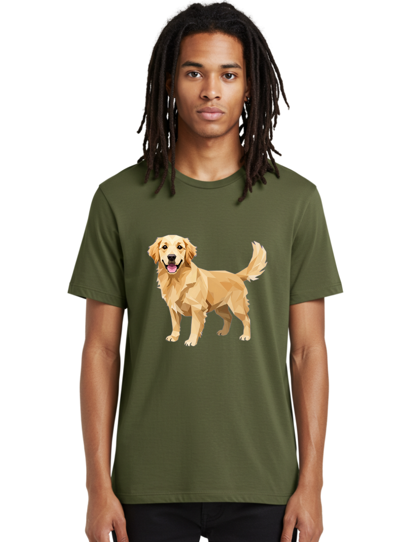 Golden-Retriever-12 Men'S Graphic Tee, 100% Cotton, Comfortable Casual Summer Wear, Machine Washable, Golden Retriever Dog, Happy Canine, Low Poly Art, Dog Illustration, Friendly Dog, Dog Graphics, Pet Illustration, Cute Dog Bab969