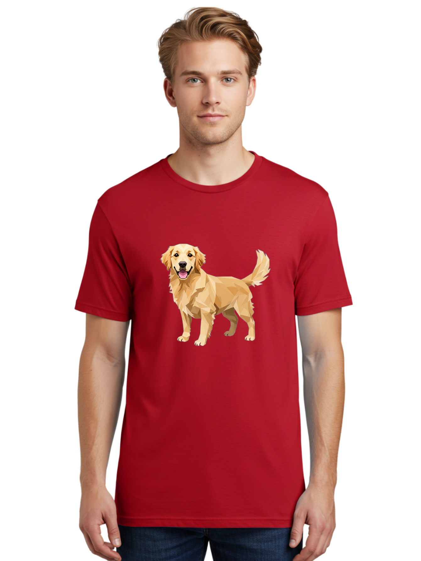 Golden-Retriever-12 Men'S Graphic Tee, 100% Cotton, Comfortable Casual Summer Wear, Machine Washable, Golden Retriever Dog, Happy Canine, Low Poly Art, Dog Illustration, Friendly Dog, Dog Graphics, Pet Illustration, Cute Dog Bab969