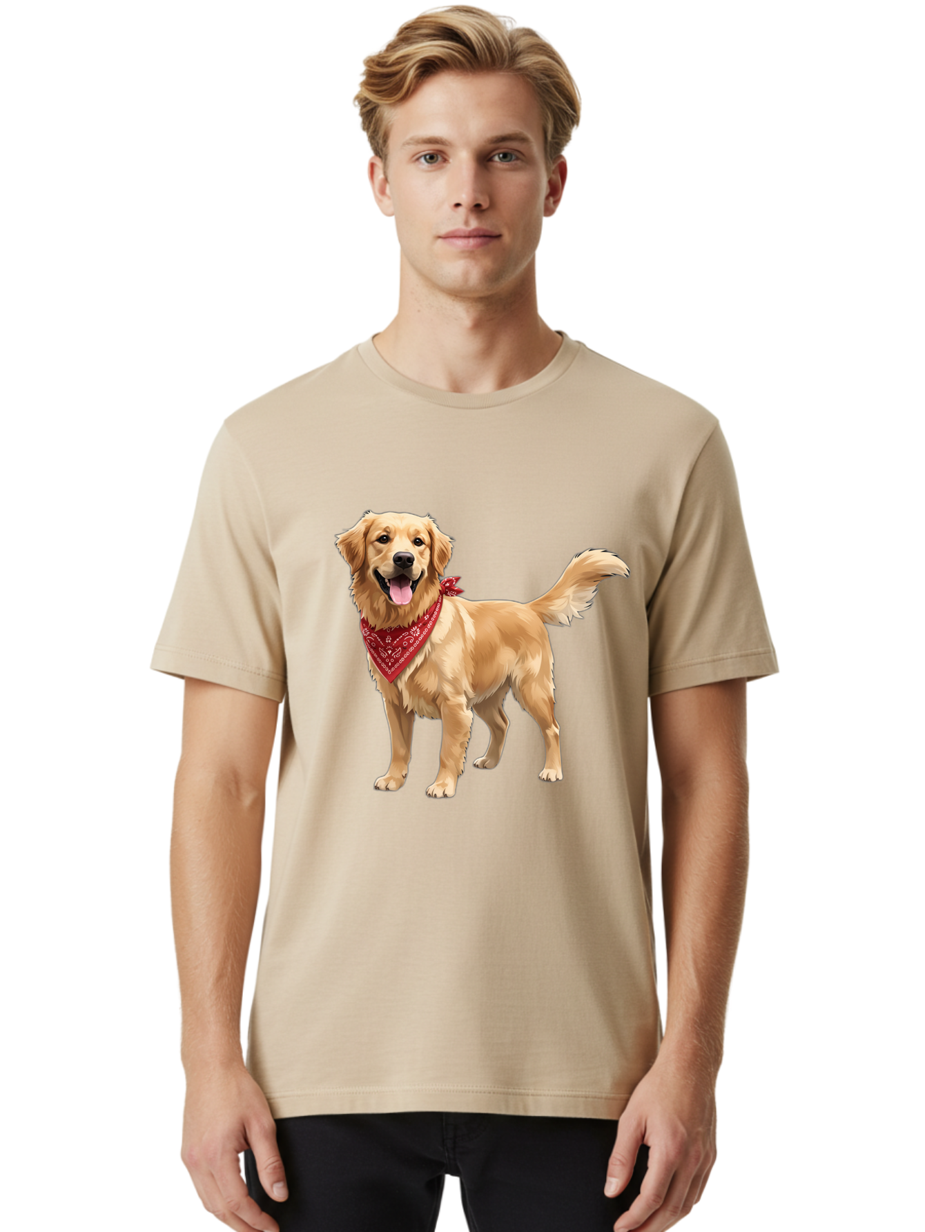 Golden-Retriever-14 Men'S Graphic Tee, 100% Cotton, Comfortable Casual Summer Wear, Machine Washable, Golden Retriever Dog, Red Bandana, Happy Dog, Friendly Pet, Canine Companion, Dog Illustration, Adorable Animal, Pet Portrait, Bab971