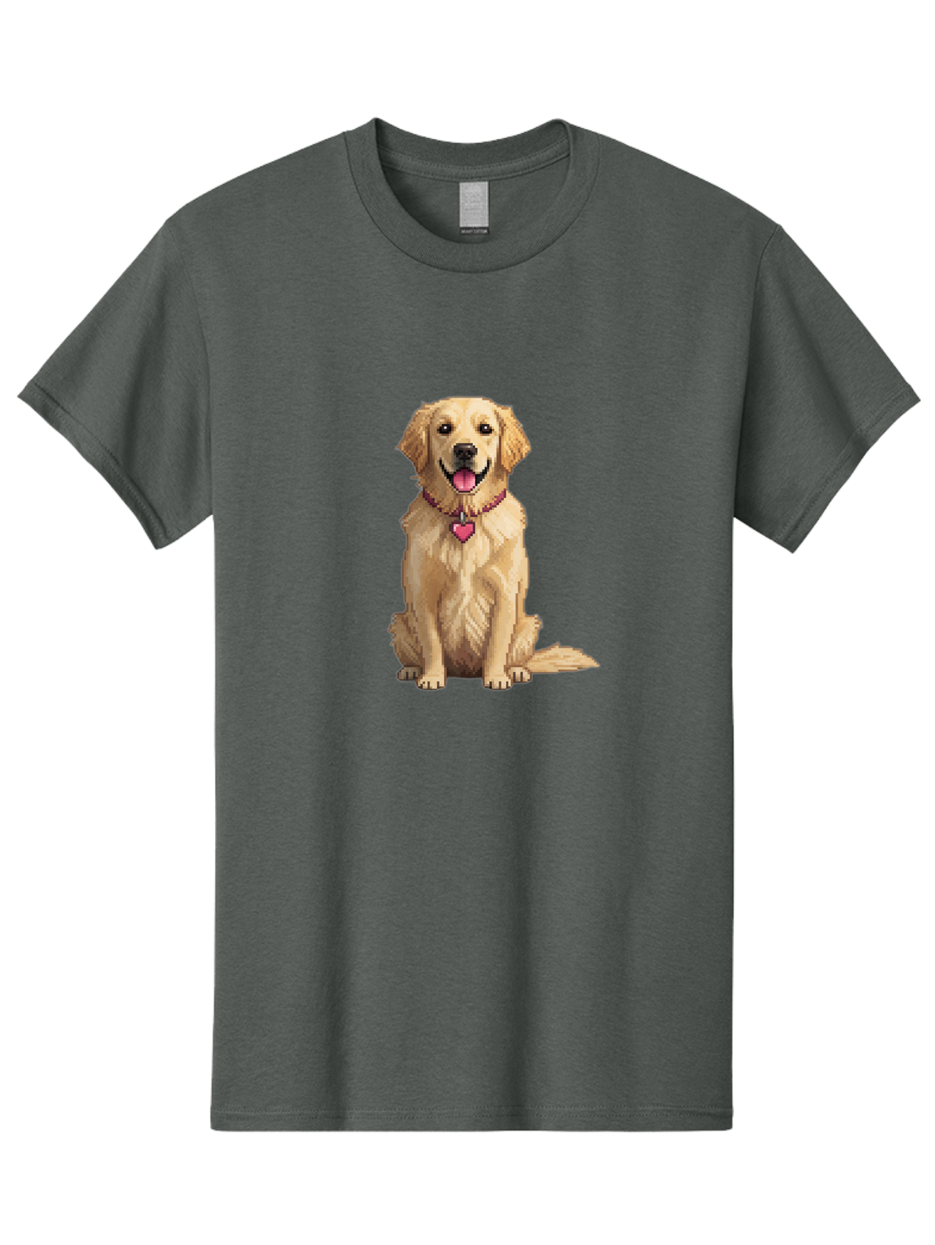 Golden-Retriever-5 Men'S Graphic Tee, 100% Cotton, Comfortable Casual Summer Wear, Machine Washable, Golden Retriever, Dog With Pink Heart Tag, Sitting Dog, Cute Canine, Pet Portrait, Furry Friend, Heartwarming Scene, Lovable Dog, Adorable Pet Bab979