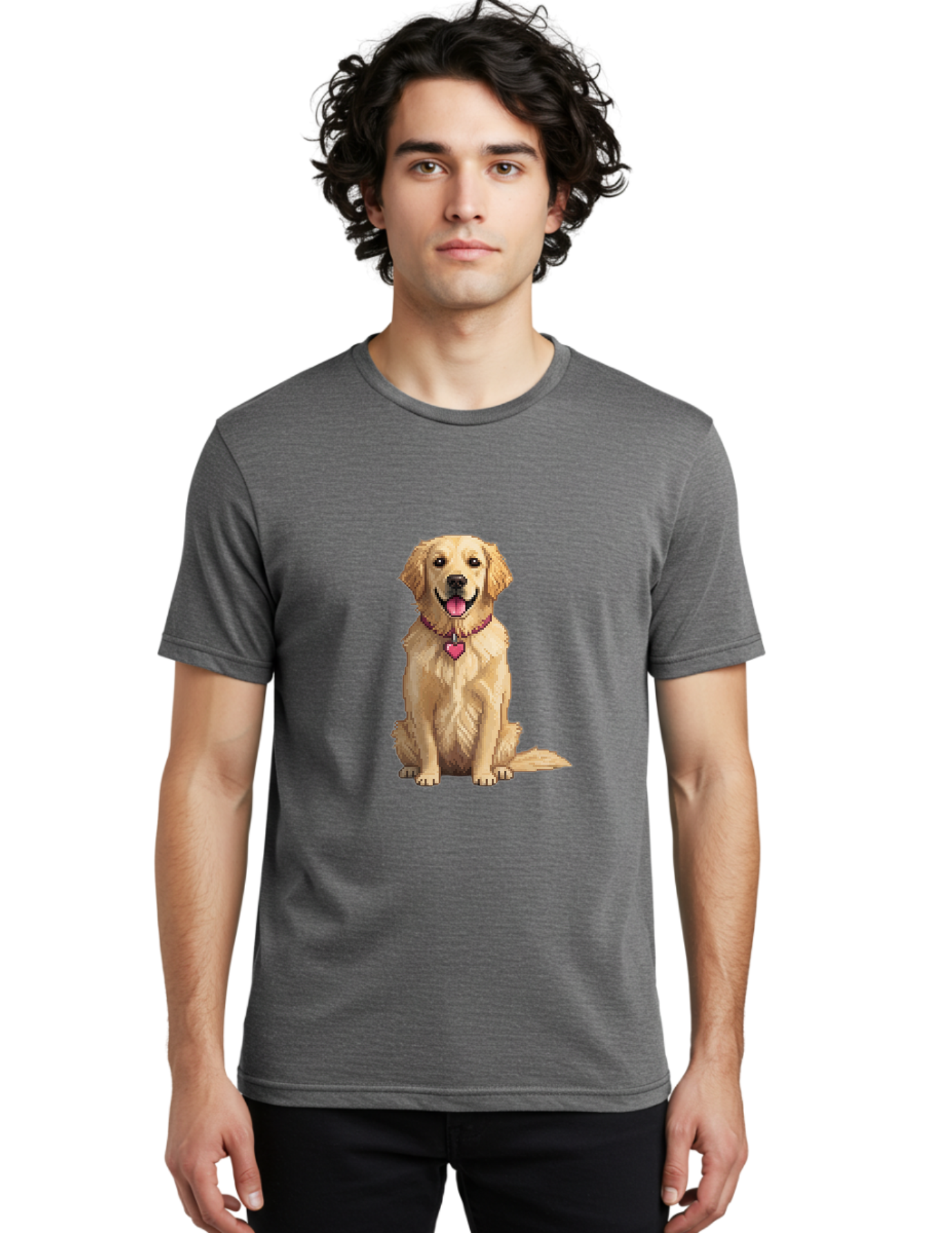 Golden-Retriever-5 Men'S Graphic Tee, 100% Cotton, Comfortable Casual Summer Wear, Machine Washable, Golden Retriever, Dog With Pink Heart Tag, Sitting Dog, Cute Canine, Pet Portrait, Furry Friend, Heartwarming Scene, Lovable Dog, Adorable Pet Bab979