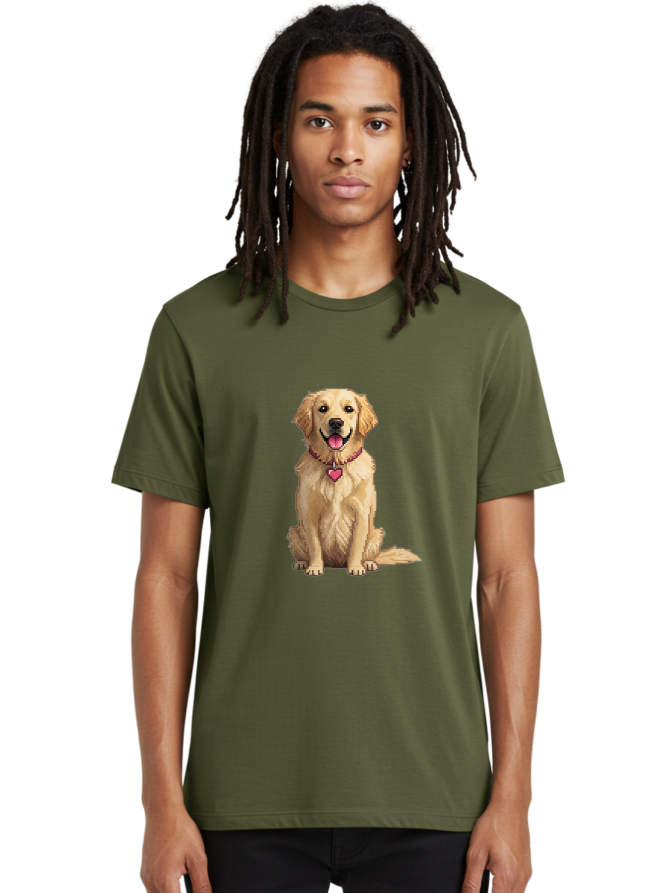 Golden-Retriever-5 Men'S Graphic Tee, 100% Cotton, Comfortable Casual Summer Wear, Machine Washable, Golden Retriever, Dog With Pink Heart Tag, Sitting Dog, Cute Canine, Pet Portrait, Furry Friend, Heartwarming Scene, Lovable Dog, Adorable Pet Bab979