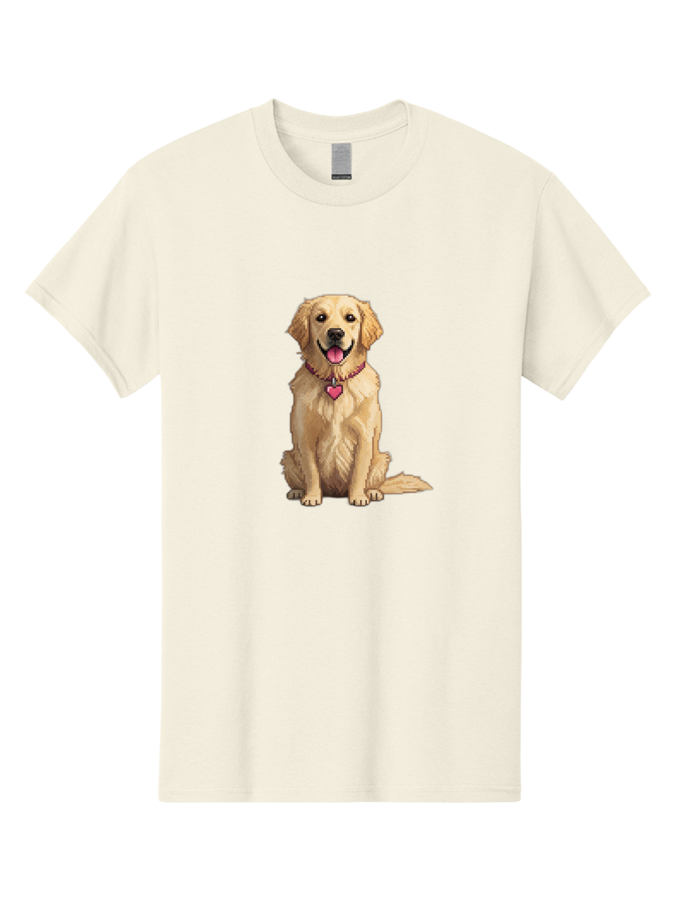 Golden-Retriever-5 Men'S Graphic Tee, 100% Cotton, Comfortable Casual Summer Wear, Machine Washable, Golden Retriever, Dog With Pink Heart Tag, Sitting Dog, Cute Canine, Pet Portrait, Furry Friend, Heartwarming Scene, Lovable Dog, Adorable Pet Bab979