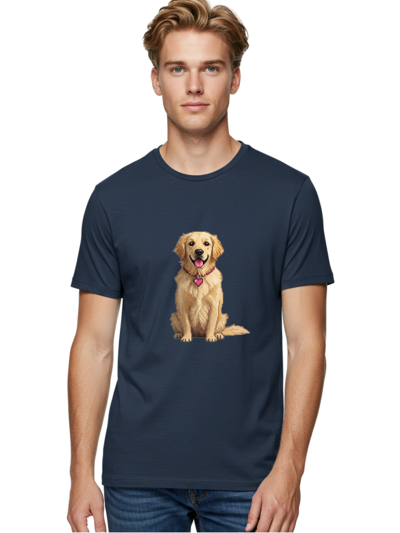 Golden-Retriever-5 Men'S Graphic Tee, 100% Cotton, Comfortable Casual Summer Wear, Machine Washable, Golden Retriever, Dog With Pink Heart Tag, Sitting Dog, Cute Canine, Pet Portrait, Furry Friend, Heartwarming Scene, Lovable Dog, Adorable Pet Bab979