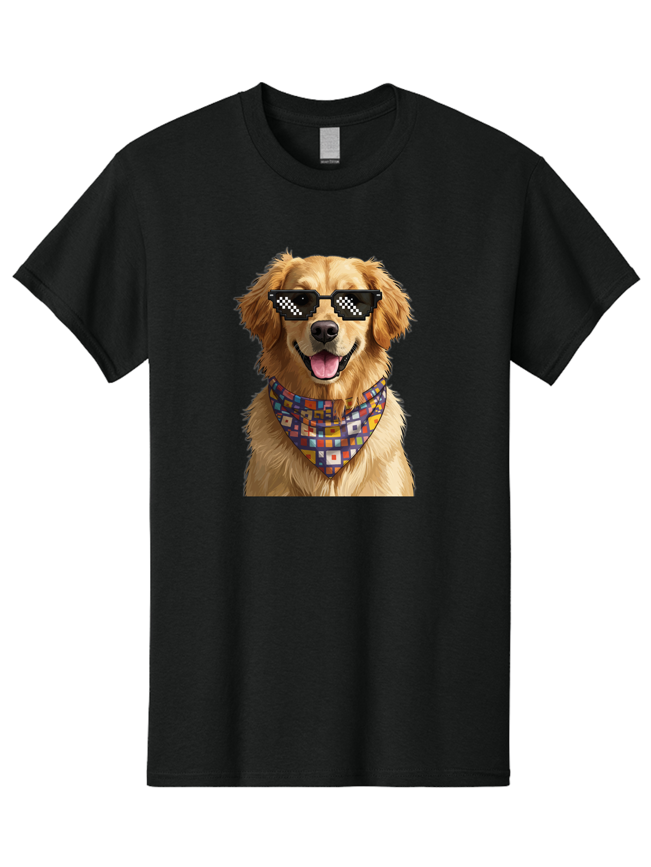 Golden-Retriever-6 Men'S Graphic Tee, 100% Cotton, Comfortable Casual Summer Wear, Machine Washable, Happy Golden Retriever, Cool Dog, Sunglasses, Checkered Pattern, Bandana, Colorful, Fun, Playful, Cute, Furry Friend, Dog Lover, Bab980