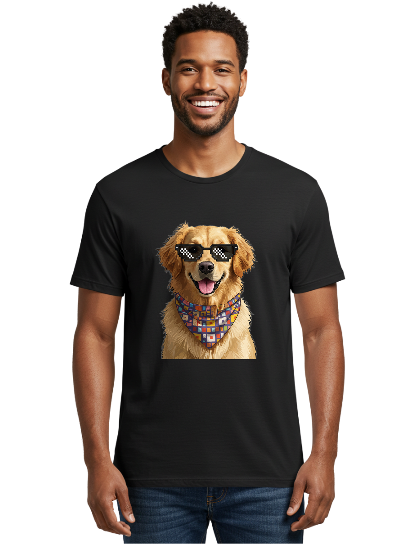 Golden-Retriever-6 Men'S Graphic Tee, 100% Cotton, Comfortable Casual Summer Wear, Machine Washable, Happy Golden Retriever, Cool Dog, Sunglasses, Checkered Pattern, Bandana, Colorful, Fun, Playful, Cute, Furry Friend, Dog Lover, Bab980