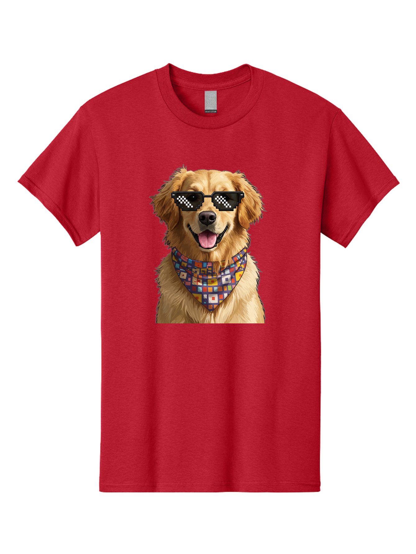 Golden-Retriever-6 Men'S Graphic Tee, 100% Cotton, Comfortable Casual Summer Wear, Machine Washable, Happy Golden Retriever, Cool Dog, Sunglasses, Checkered Pattern, Bandana, Colorful, Fun, Playful, Cute, Furry Friend, Dog Lover, Bab980