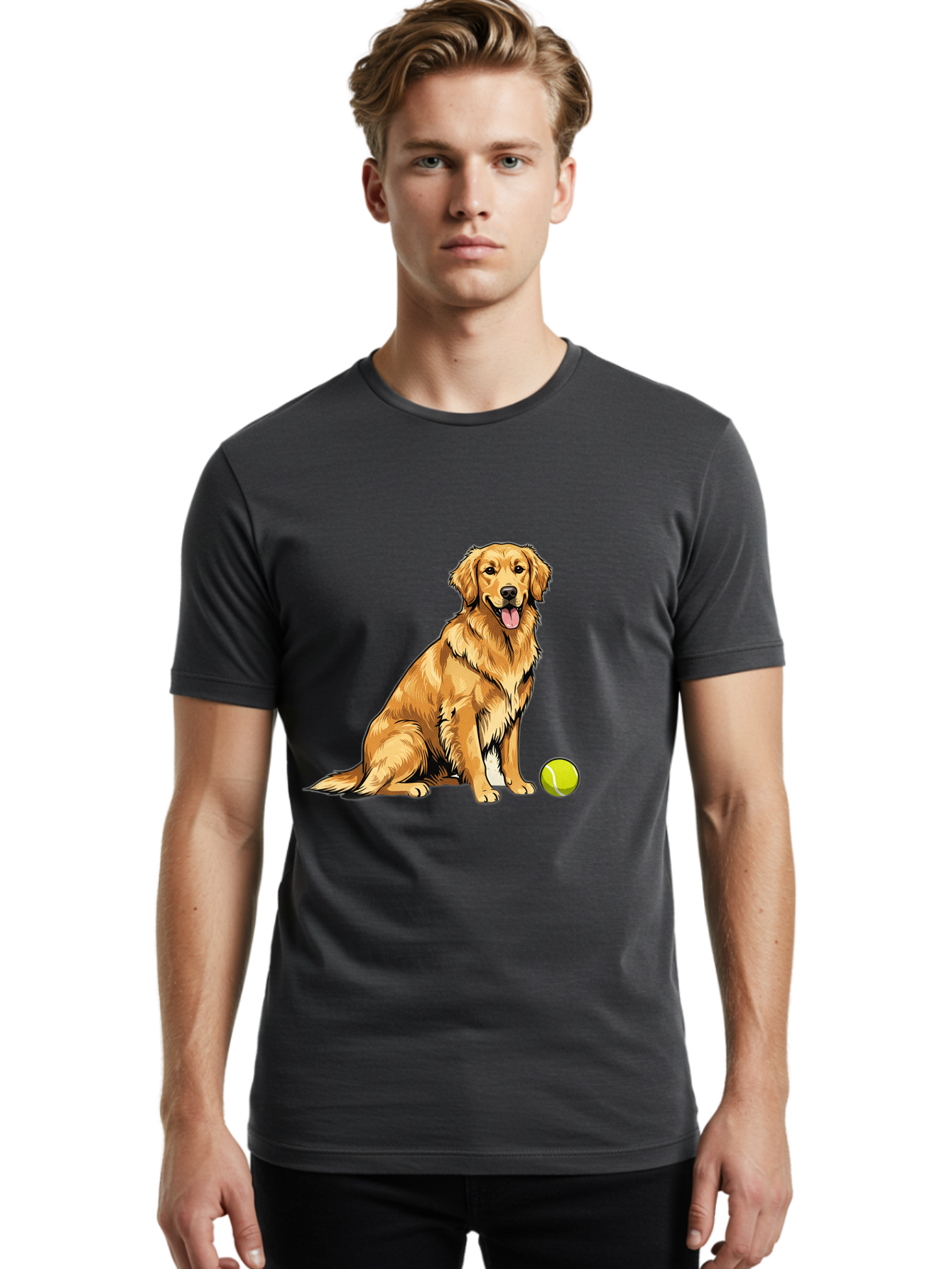 Golden-Retriever-7 Men'S Graphic Tee, 100% Cotton, Comfortable Casual Summer Wear, Machine Washable, Golden Retriever Dog, Tennis Ball, Sitting Dog, Happy Dog, Dog Sports, Canine Companion, Furry Friend, Playful Mood, Dog Illustration, Bab981