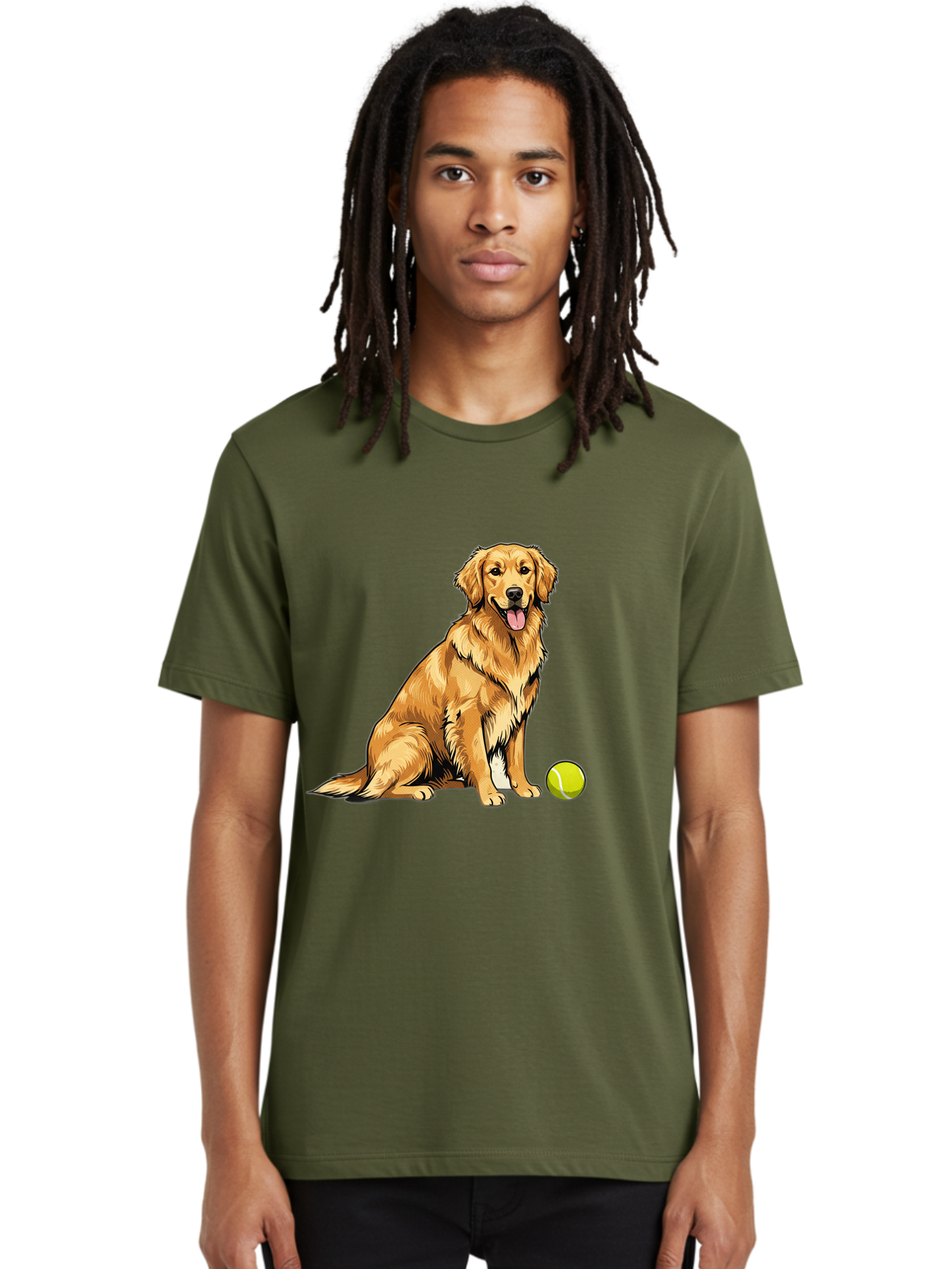 Golden-Retriever-7 Men'S Graphic Tee, 100% Cotton, Comfortable Casual Summer Wear, Machine Washable, Golden Retriever Dog, Tennis Ball, Sitting Dog, Happy Dog, Dog Sports, Canine Companion, Furry Friend, Playful Mood, Dog Illustration, Bab981
