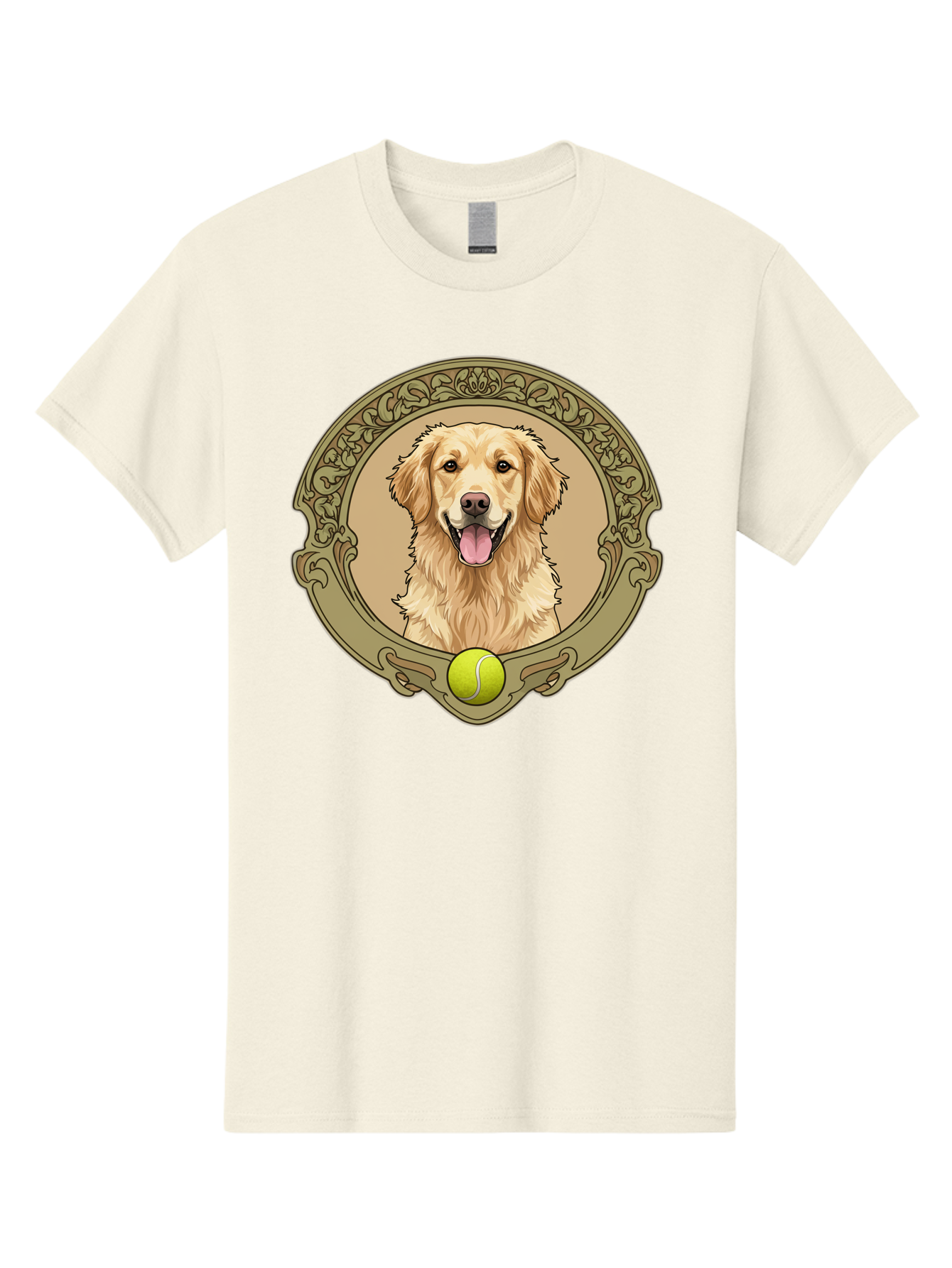 Golden-Retriever-8 Men'S Graphic Tee, 100% Cotton, Comfortable Casual Summer Wear, Machine Washable, Golden Retriever Head, Happy Dog, Tennis Ball, Ornate Frame, Vintage Style, Playful Pet, Dog Illustration, Retriever Breed, Tennis Ball Theme, Bab982