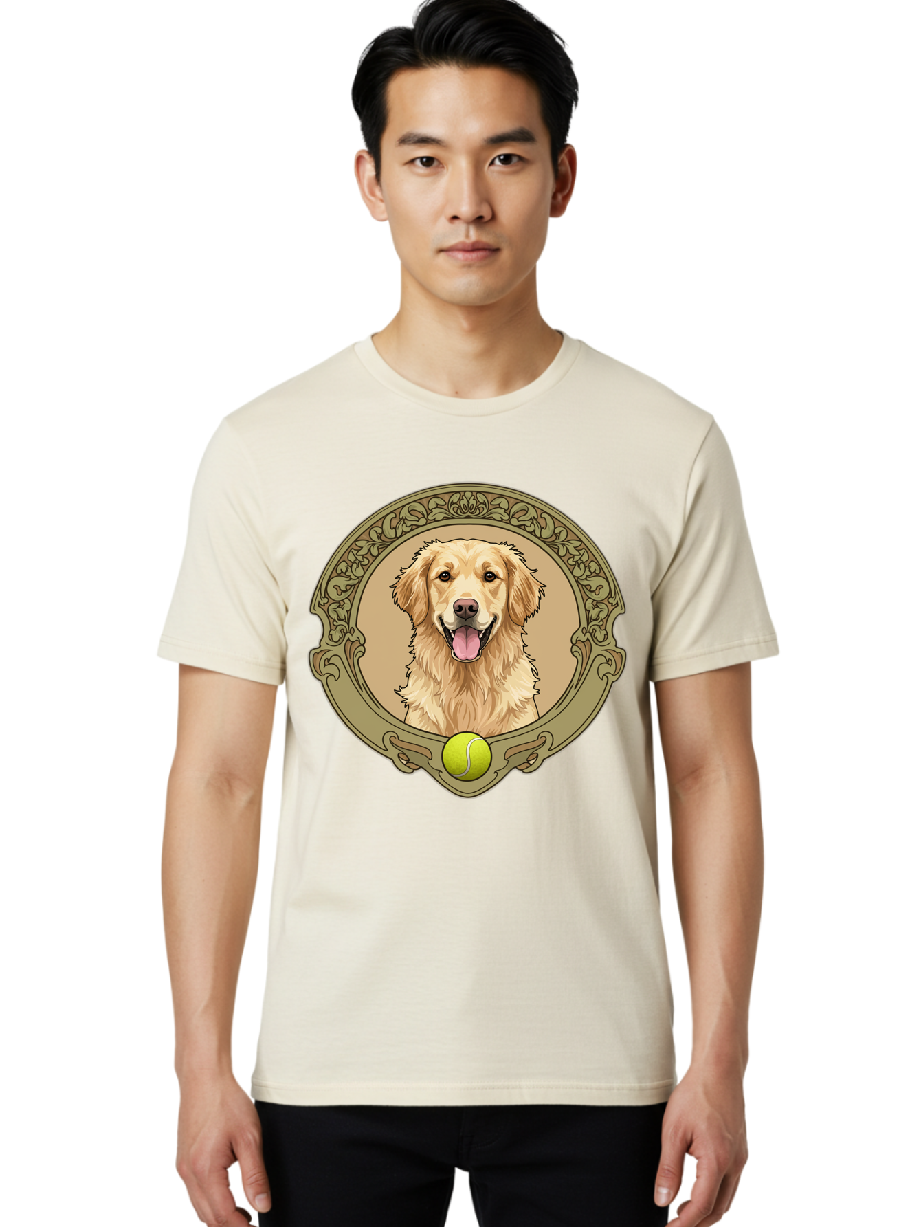 Golden-Retriever-8 Men'S Graphic Tee, 100% Cotton, Comfortable Casual Summer Wear, Machine Washable, Golden Retriever Head, Happy Dog, Tennis Ball, Ornate Frame, Vintage Style, Playful Pet, Dog Illustration, Retriever Breed, Tennis Ball Theme, Bab982