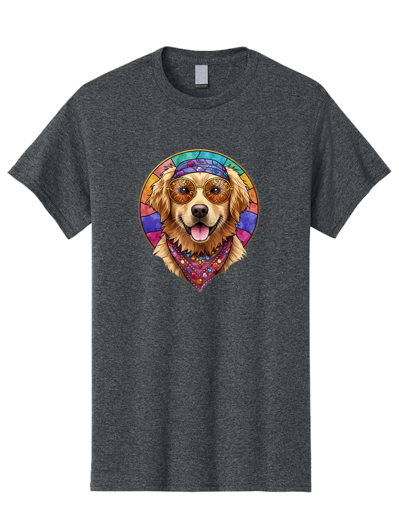 Golden-Retriever-Head Men'S Graphic Tee, 100% Cotton, Comfortable Casual Summer Wear, Machine Washable, Dog With Sunglasses, Psychedelic Art, Hippie Style, Colorful Design, Funky Illustration, Retro Vibe, Stained-Glass, Tie-Dye Effect, Bab986
