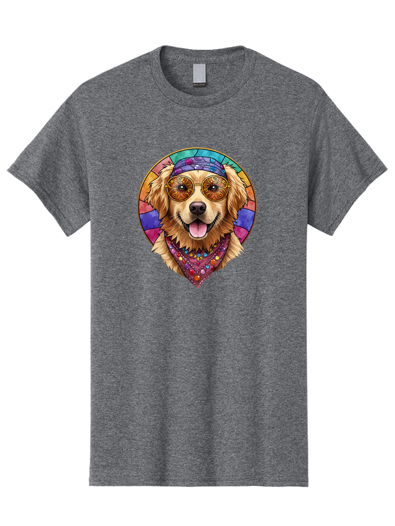 Golden-Retriever-Head Men'S Graphic Tee, 100% Cotton, Comfortable Casual Summer Wear, Machine Washable, Dog With Sunglasses, Psychedelic Art, Hippie Style, Colorful Design, Funky Illustration, Retro Vibe, Stained-Glass, Tie-Dye Effect, Bab986