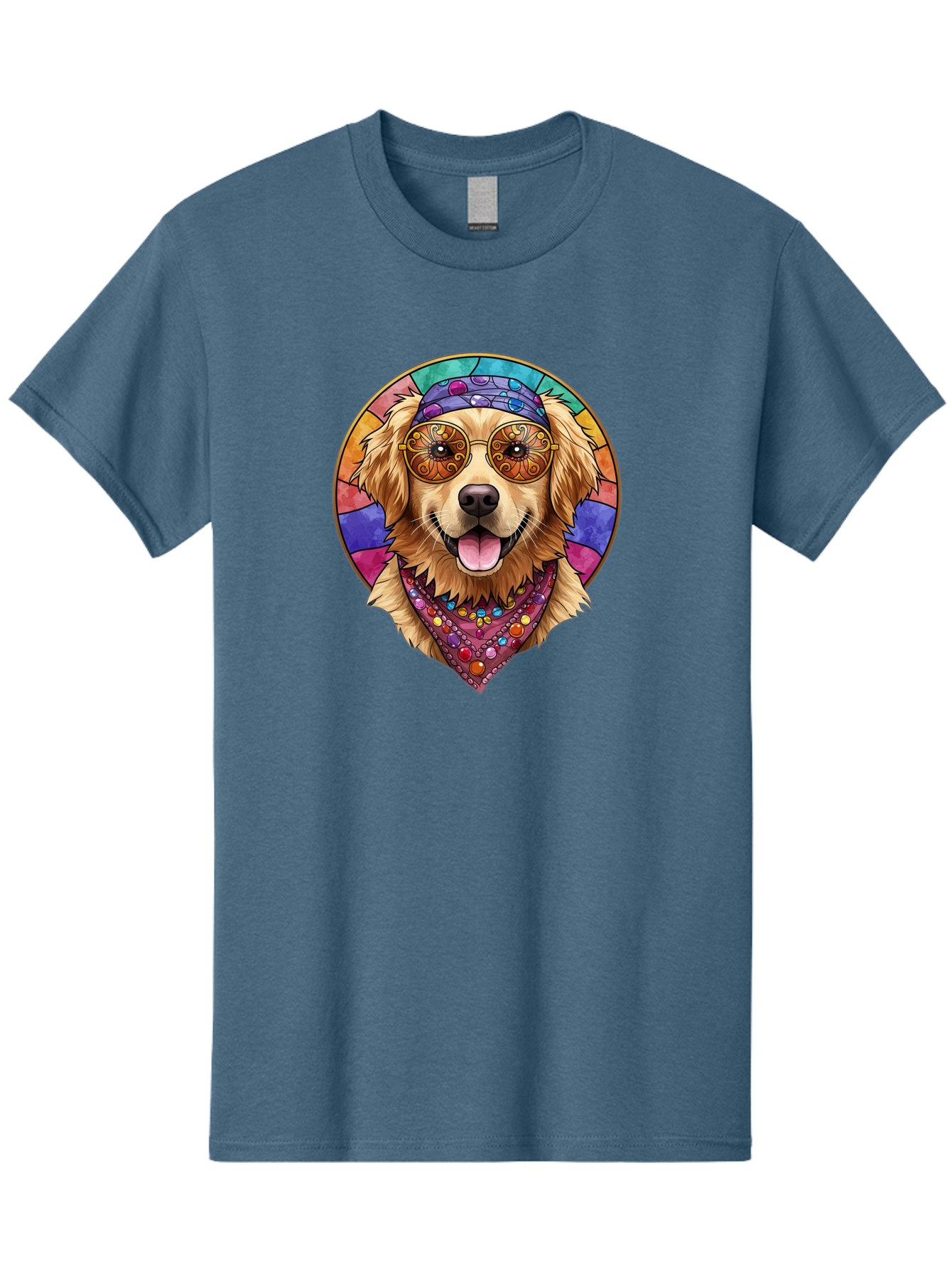Golden-Retriever-Head Men'S Graphic Tee, 100% Cotton, Comfortable Casual Summer Wear, Machine Washable, Dog With Sunglasses, Psychedelic Art, Hippie Style, Colorful Design, Funky Illustration, Retro Vibe, Stained-Glass, Tie-Dye Effect, Bab986