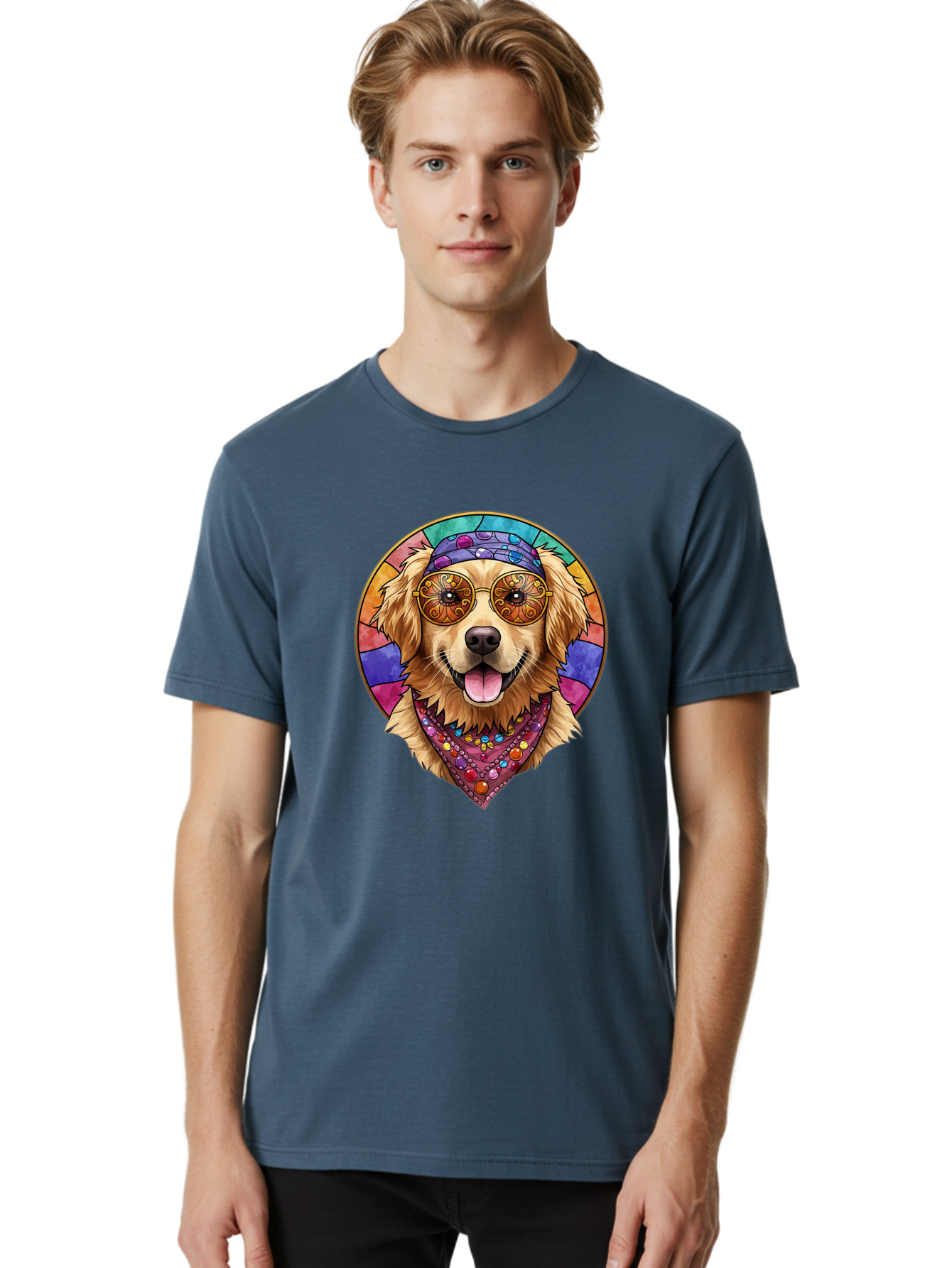 Golden-Retriever-Head Men'S Graphic Tee, 100% Cotton, Comfortable Casual Summer Wear, Machine Washable, Dog With Sunglasses, Psychedelic Art, Hippie Style, Colorful Design, Funky Illustration, Retro Vibe, Stained-Glass, Tie-Dye Effect, Bab986